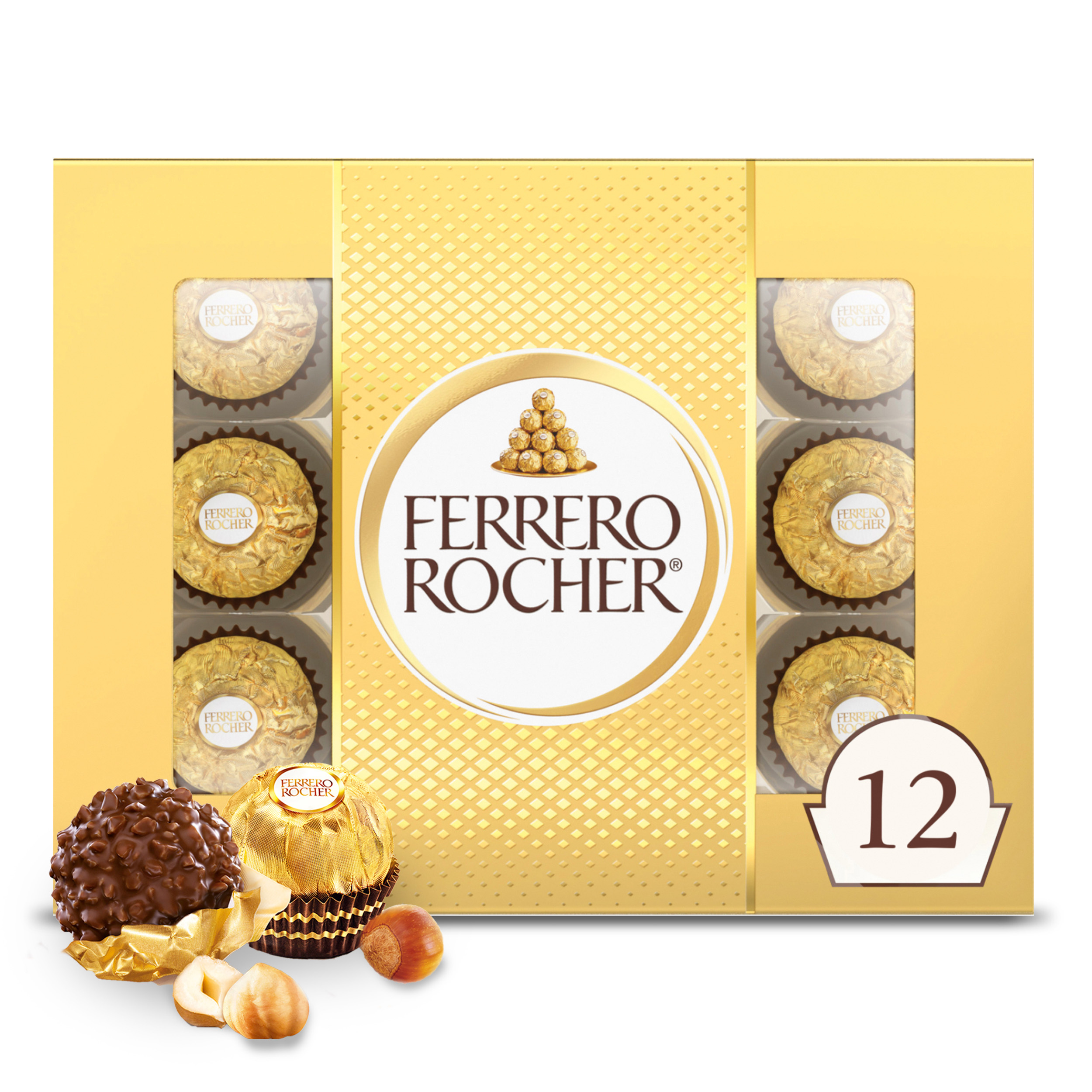Ferrero Rocher Gourmet Hazelnut Milk Chocolate Gift Box, 12