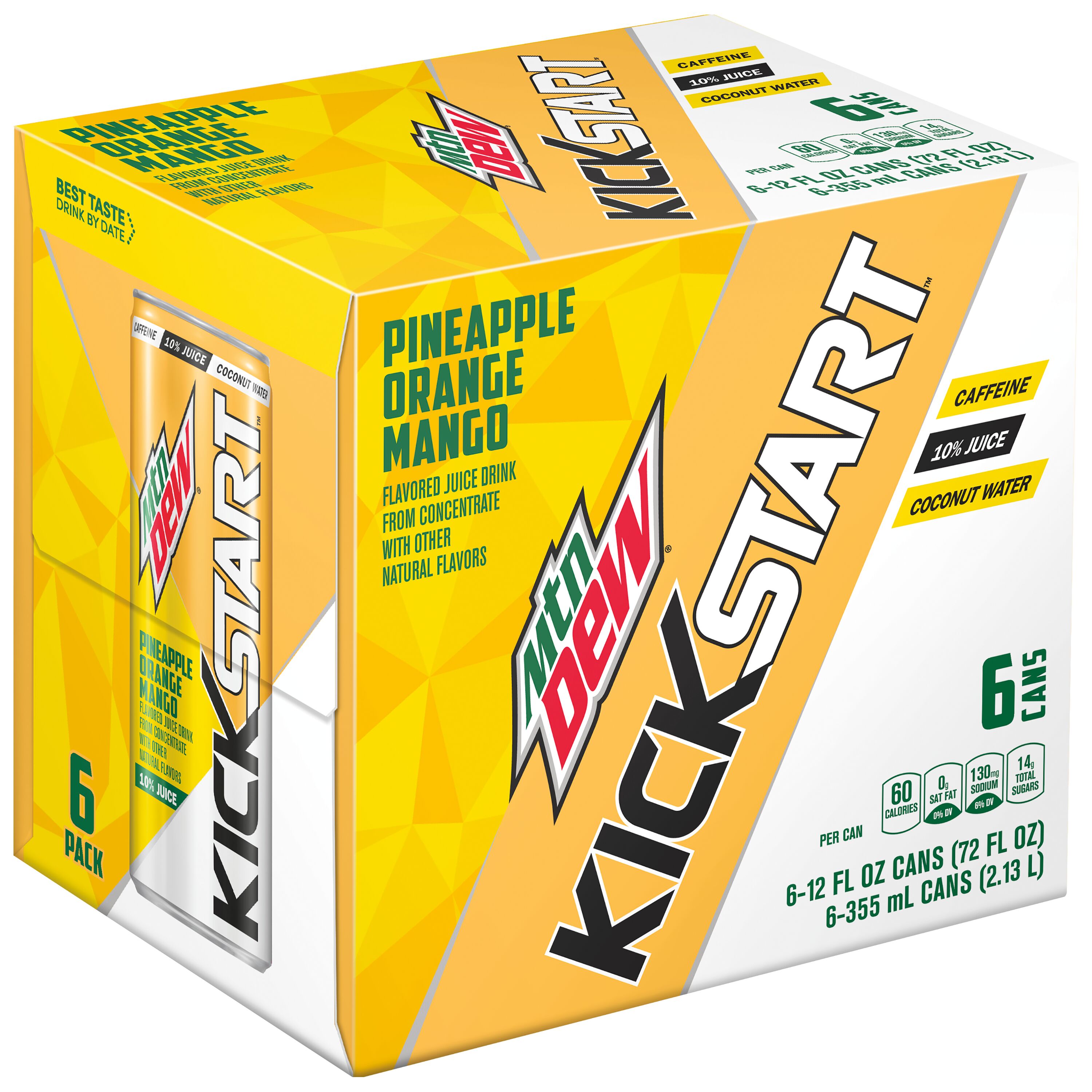 Mtn Dew Kickstart Energizing Pineapple Orange Mango 12 Fl Oz, 6 Ct