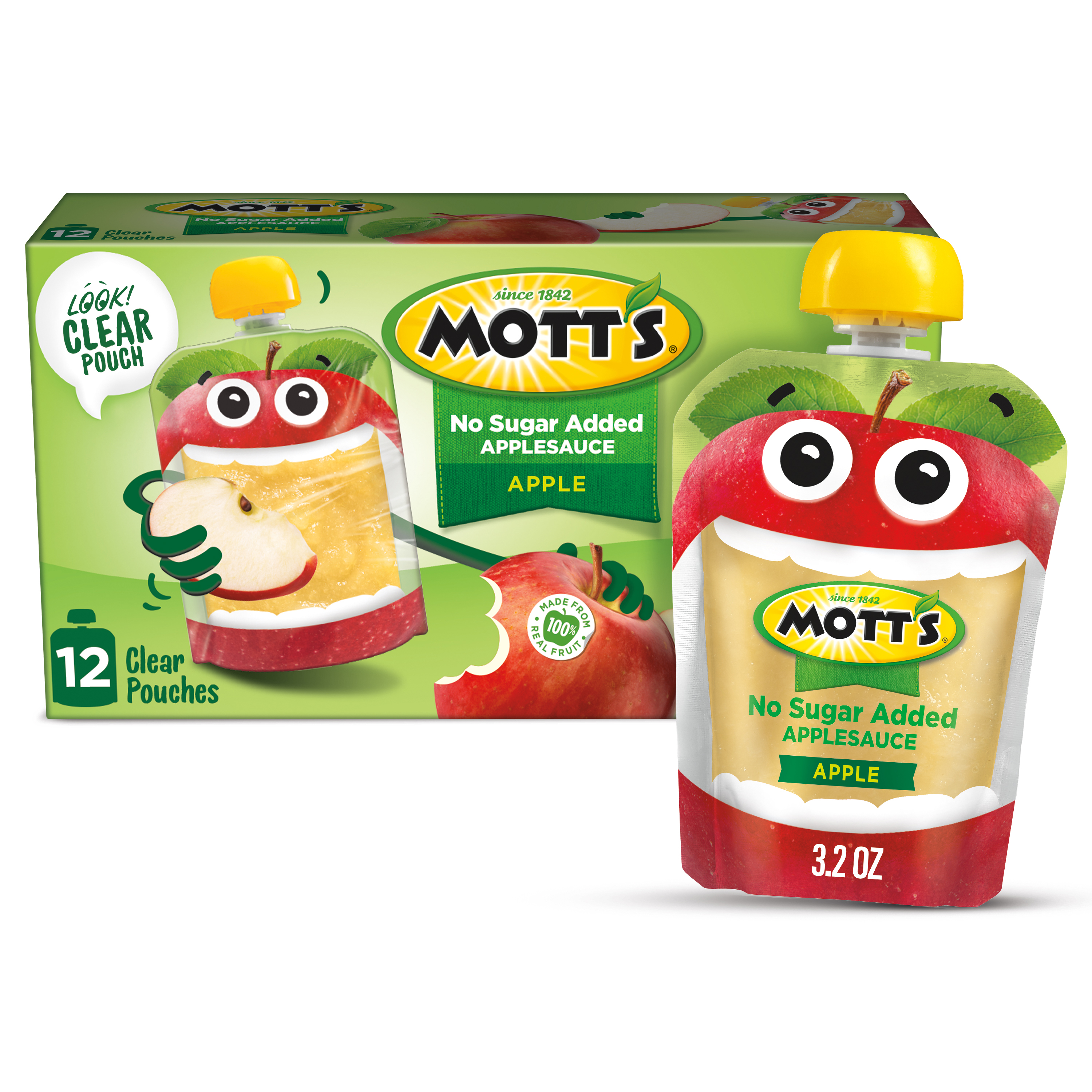 Mott's No Sugar Added Applesauce, 3.2 oz clear pouches, 12