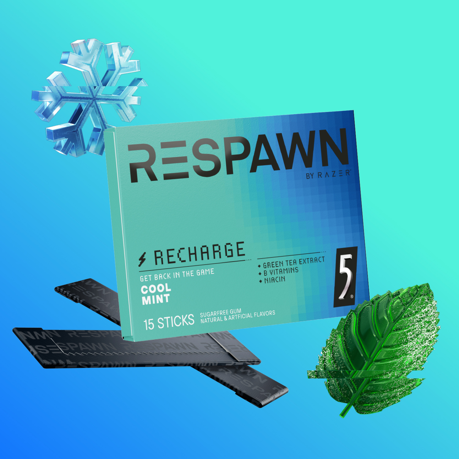 RESPAWN by 5 GUM Mental Focus Gum, Cool Mint Sugar Free Chewing