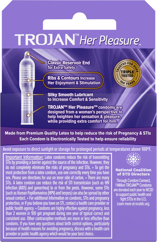 Trojan Her Pleasure Latex Ribbed Lubricated Condoms, Bulbous Shape, 3 Count  | Giant Eagle | Because It Matters | Grocery Store & Pharmacy