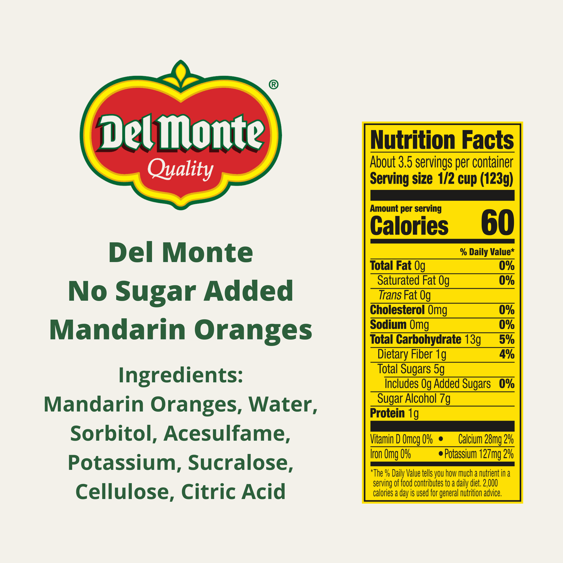 Del Monte No Sugar Added Mandarin Oranges, 15 oz Can, Canned Fruit