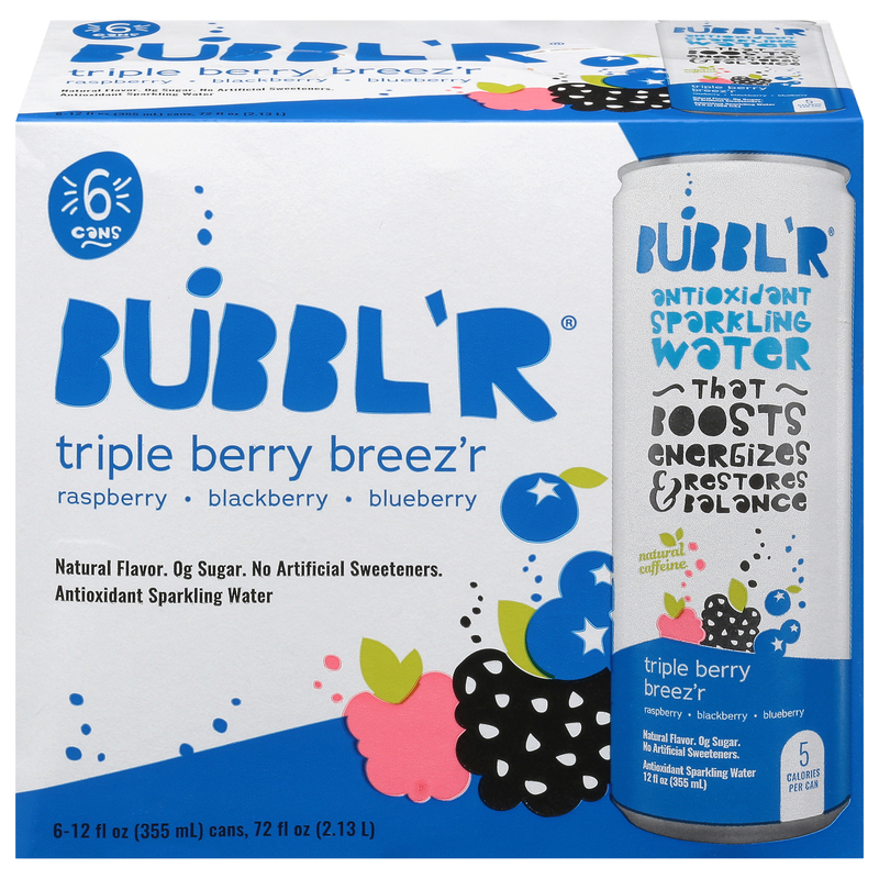 BUBBL'R Sparkling Water, Antioxidant, Triple Berry Breez'r, 6 pack