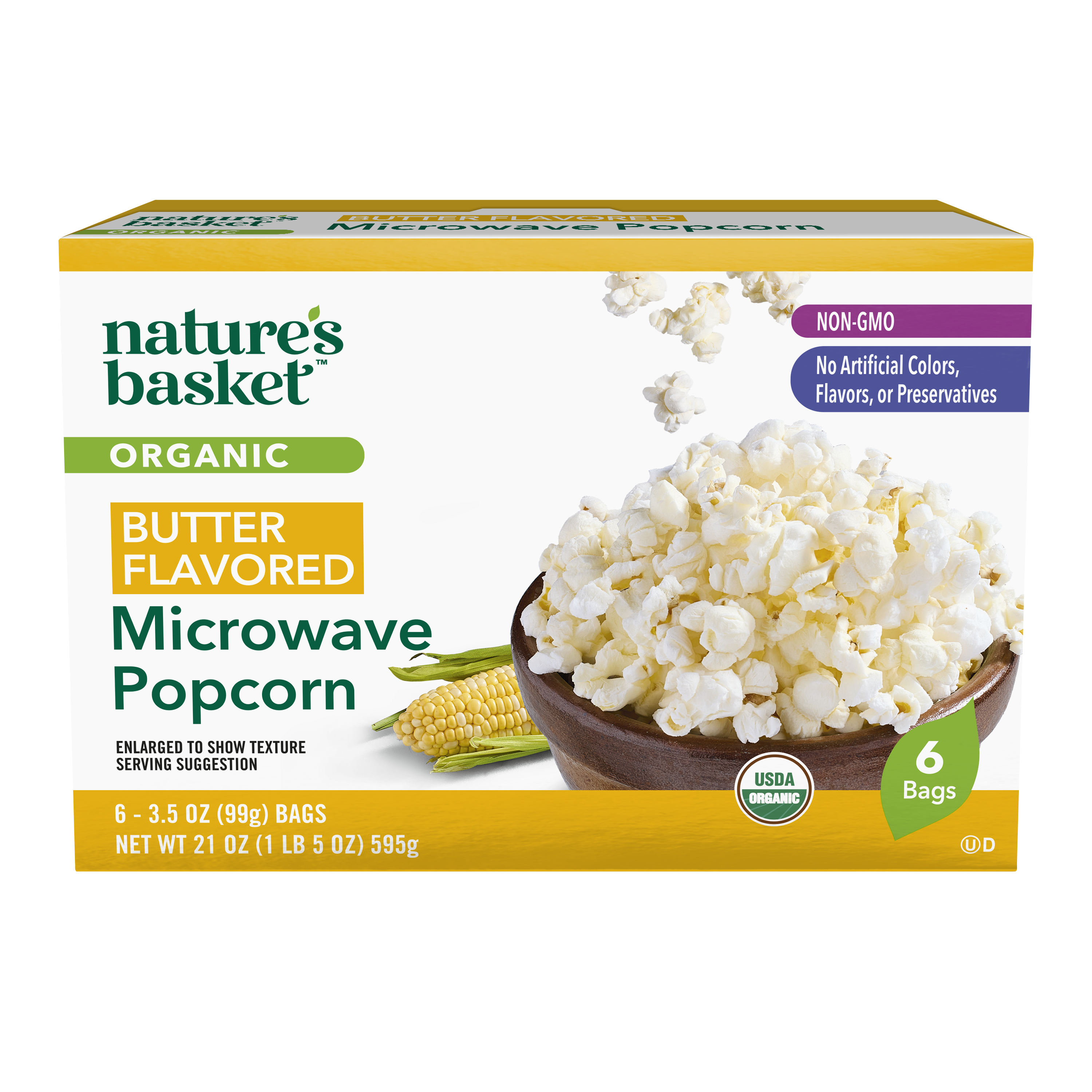 Nature's Basket Organic Microwave Popcorn, Butter Flavored, 6 Bags