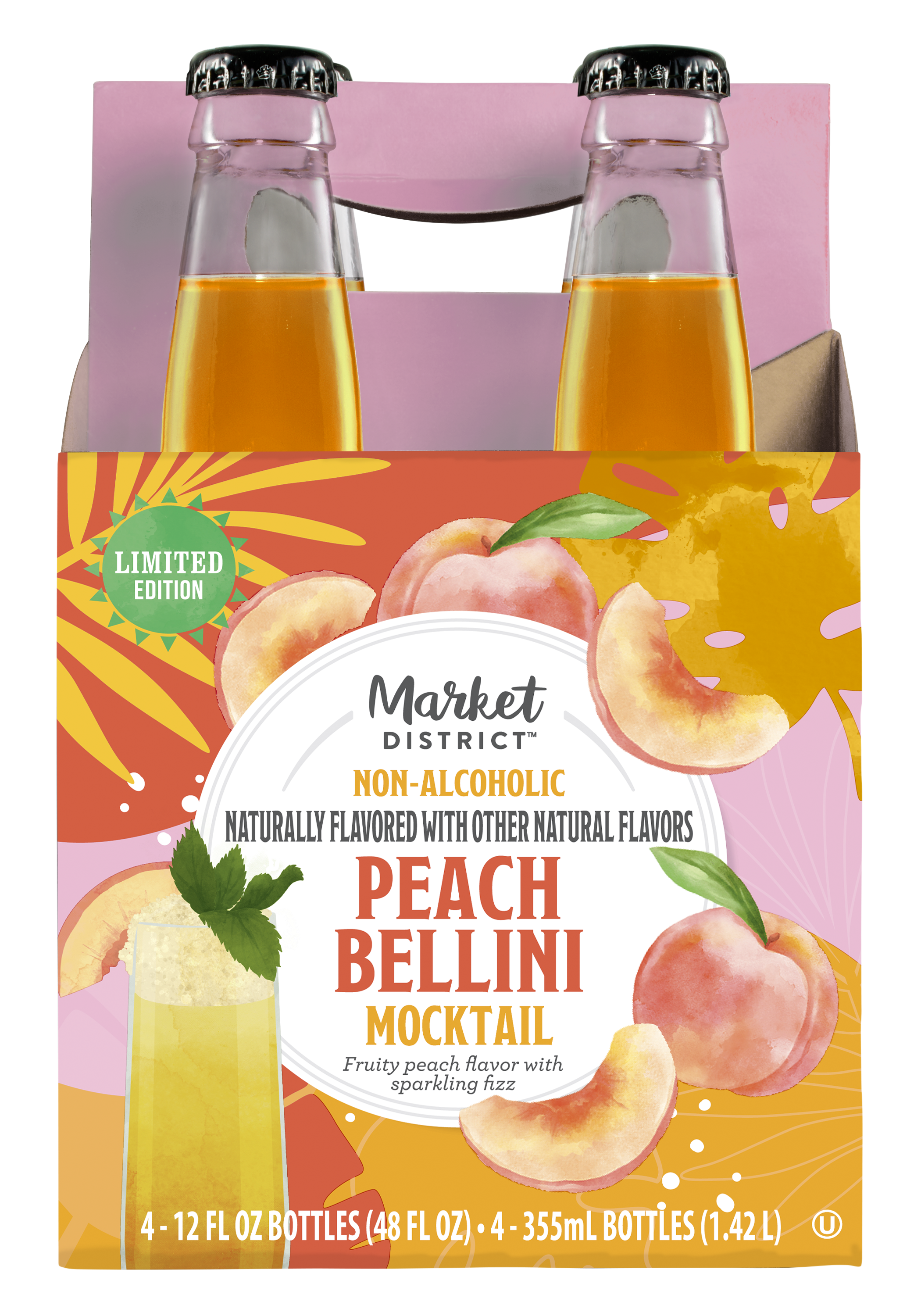 バブルシェルカクテル Market District, Peach Bellini Mocktail, 4 pack, 12 oz bottles