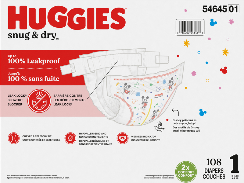 Huggies Snug Dry Baby Diapers, Size (8-14 lbs), 108 Ct Giant