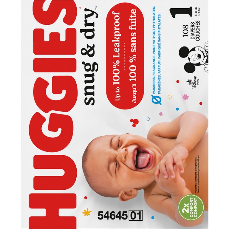 Huggies Snug Dry Baby Diapers, Size (8-14 lbs), 108 Ct Giant
