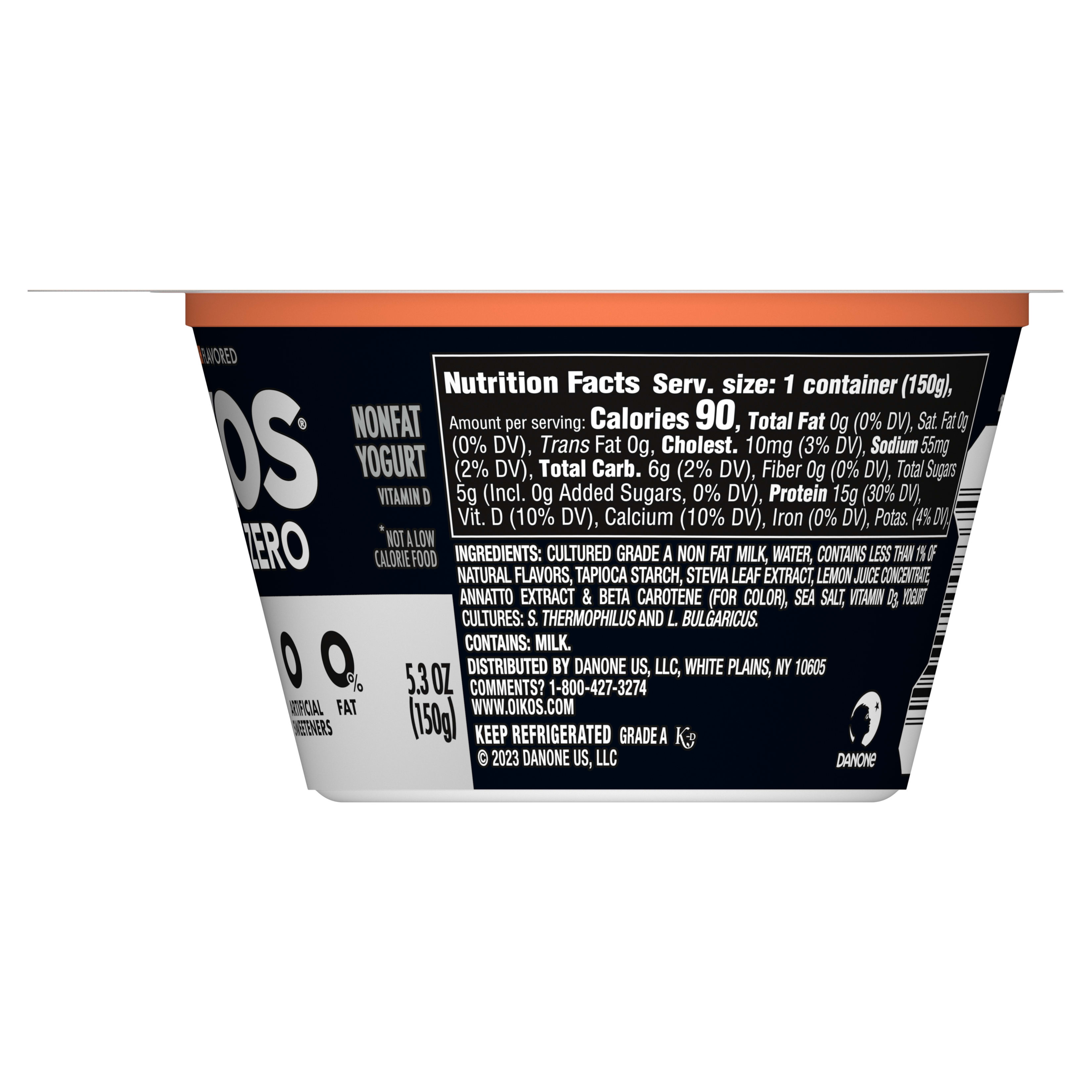Oikos Triple Zero Peach Nonfat Greek Yogurt, 0% Fat, 0g Added