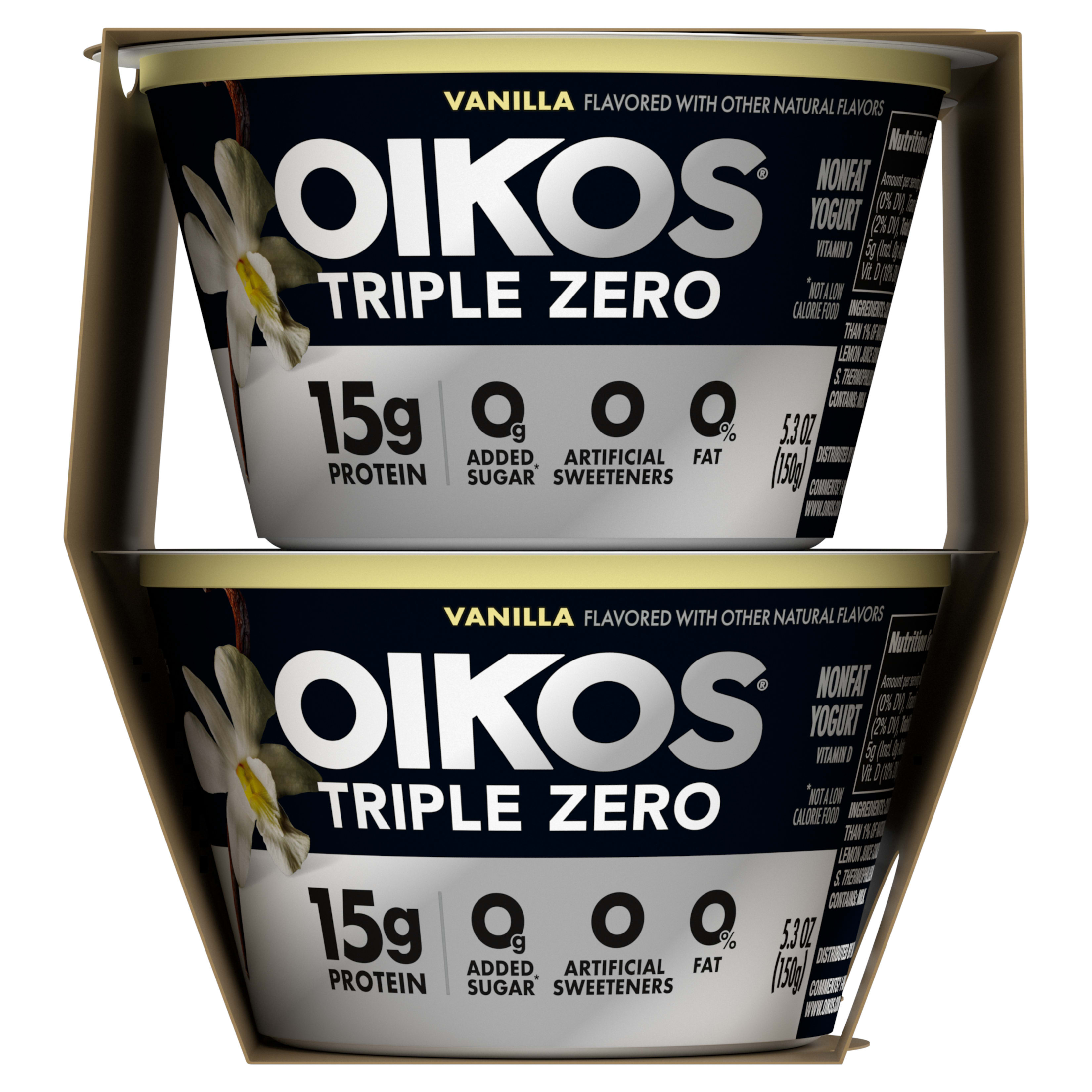 Oikos Triple Zero Vanilla Nonfat Greek Yogurt Pack, 0% Fat, 0g