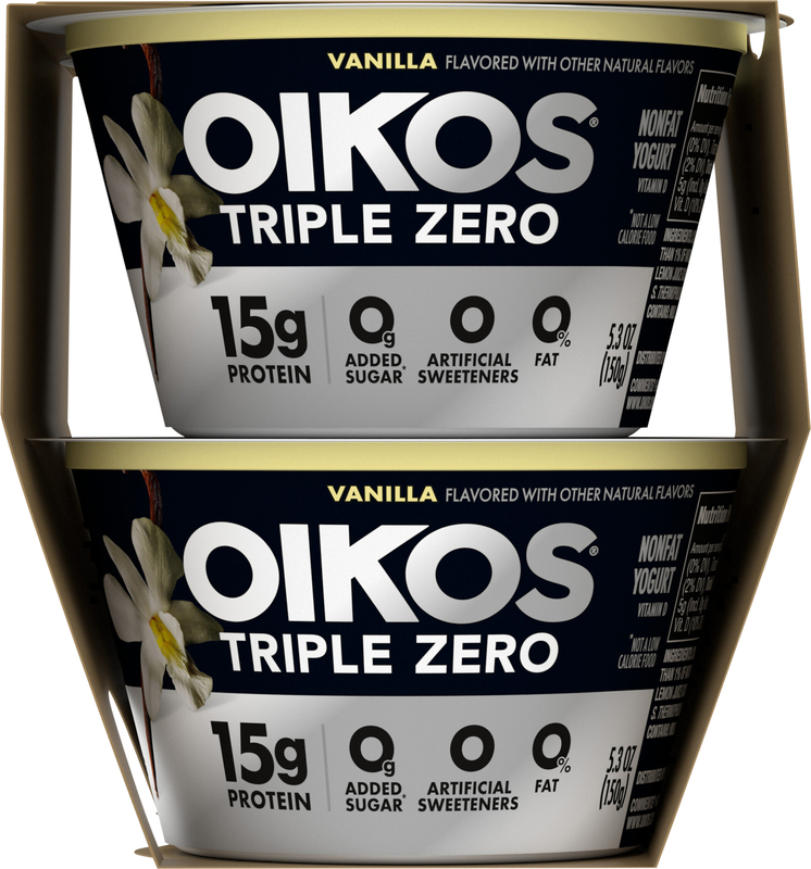 Oikos Triple Zero Vanilla Nonfat Greek Yogurt Pack, 0% Fat, 0g