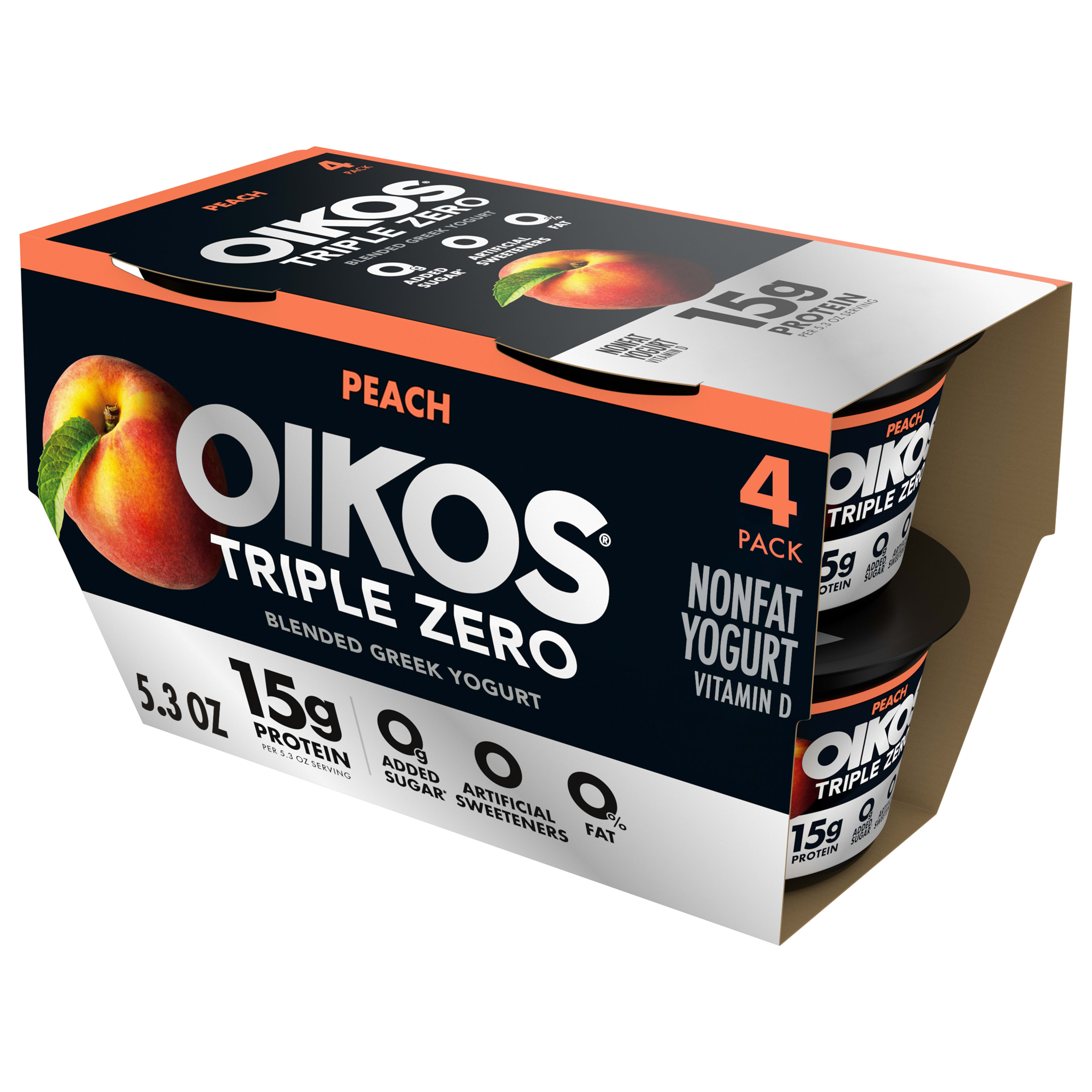 Oikos Triple Zero Peach Nonfat Greek Yogurt Pack, 0% Fat, 0g Added