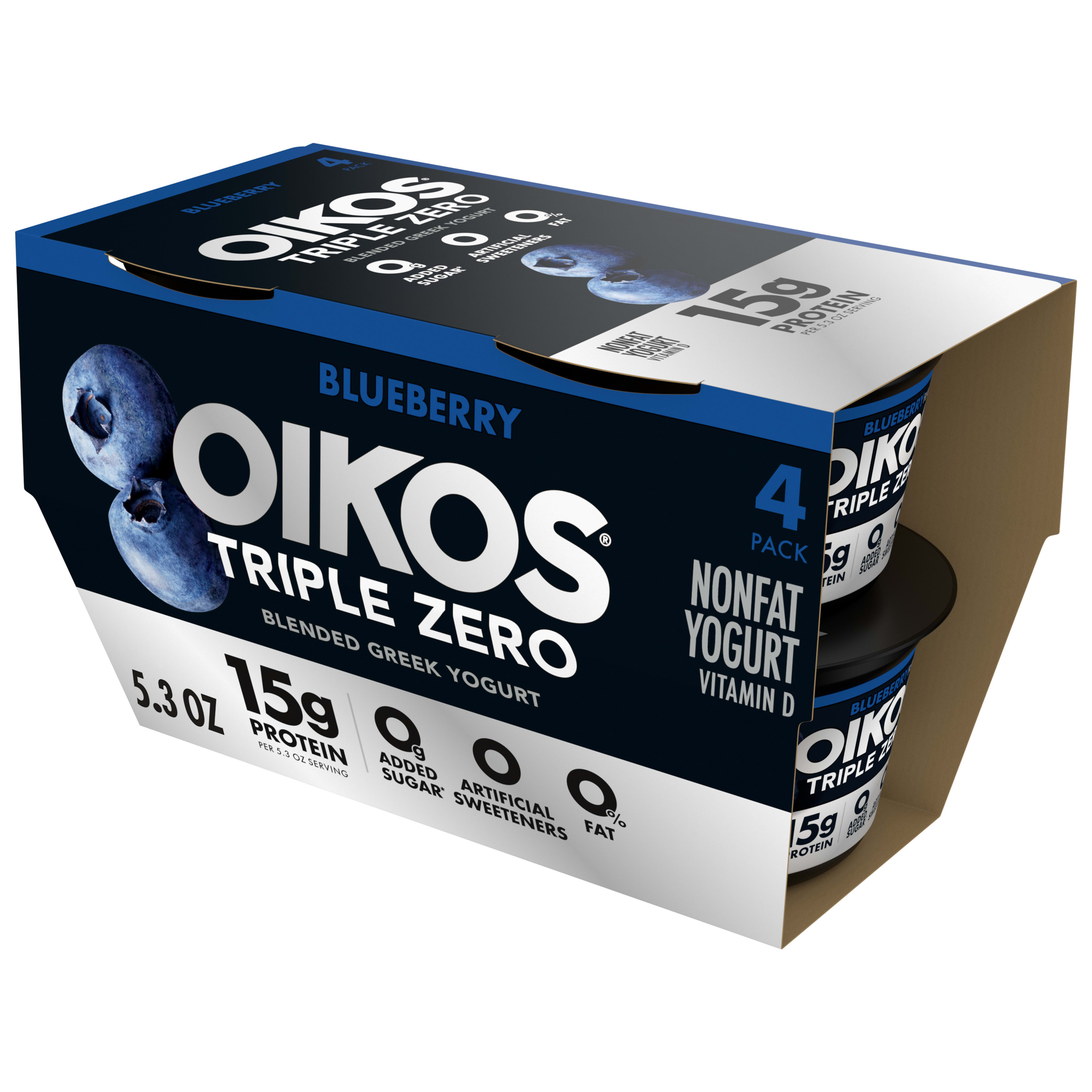 Oikos Triple Zero Blueberry Nonfat Greek Yogurt Pack, 0% Fat, 0g