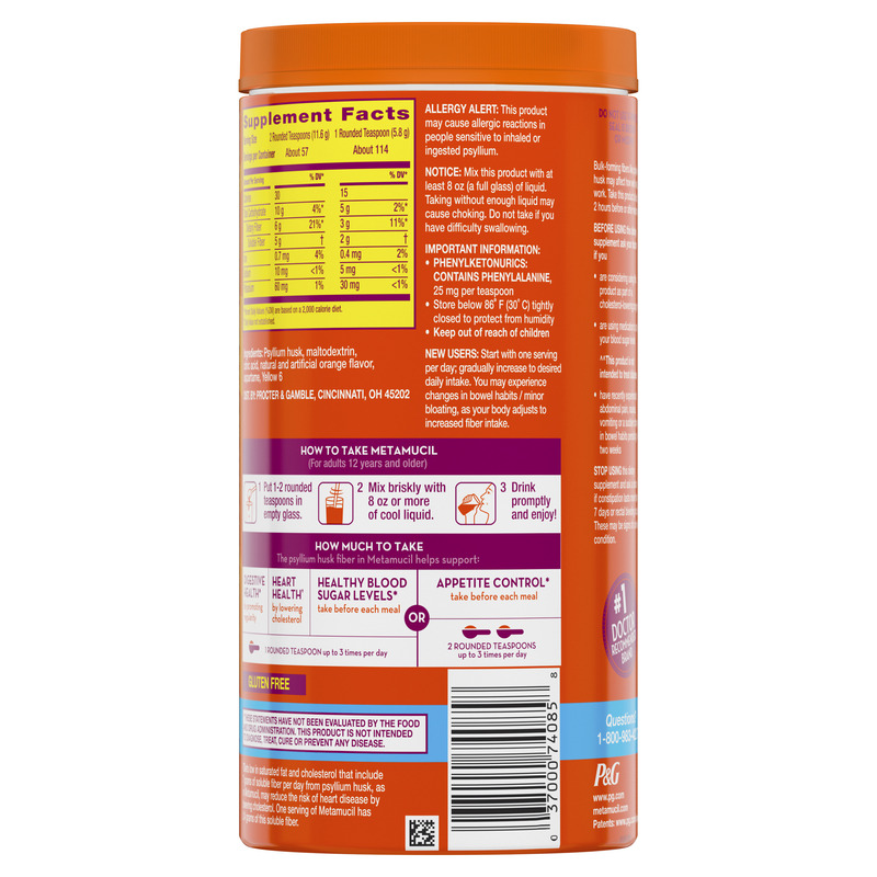 Metamucil Psyllium Fiber Powder, Sugar-Free, Orange, GLP-1 Friendly Fiber>, 114 tsp