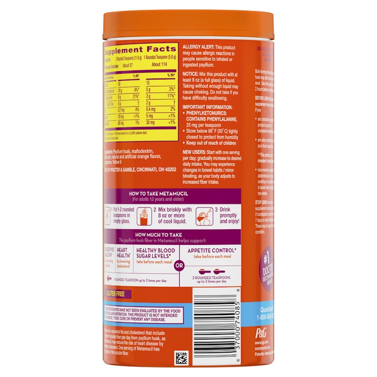 Metamucil Psyllium Fiber Powder, Sugar-Free, Orange, GLP-1 Friendly Fiber>, 114 tsp