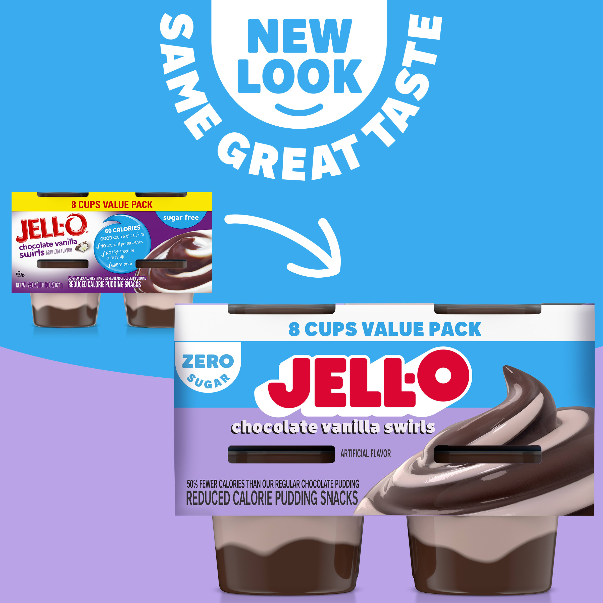 JELL-O Zero Sugar Chocolate Vanilla Swirls Pudding Snack Cups, 8