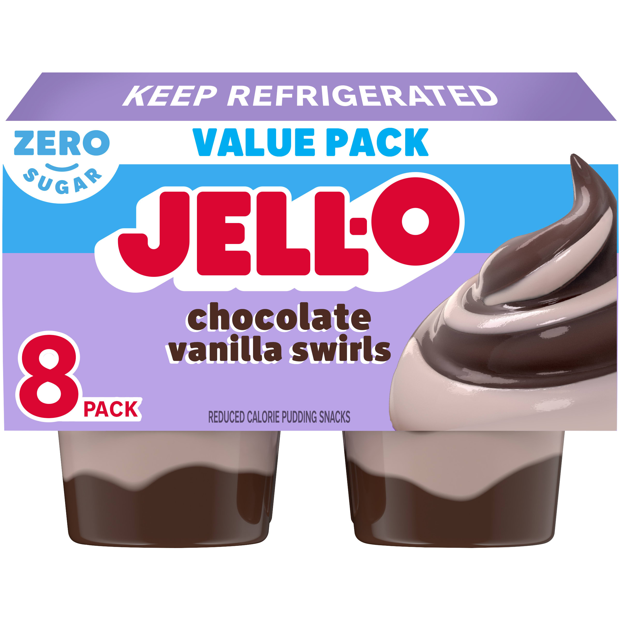 JELL-O Zero Sugar Chocolate Vanilla Swirls Pudding Snack Cups, 8