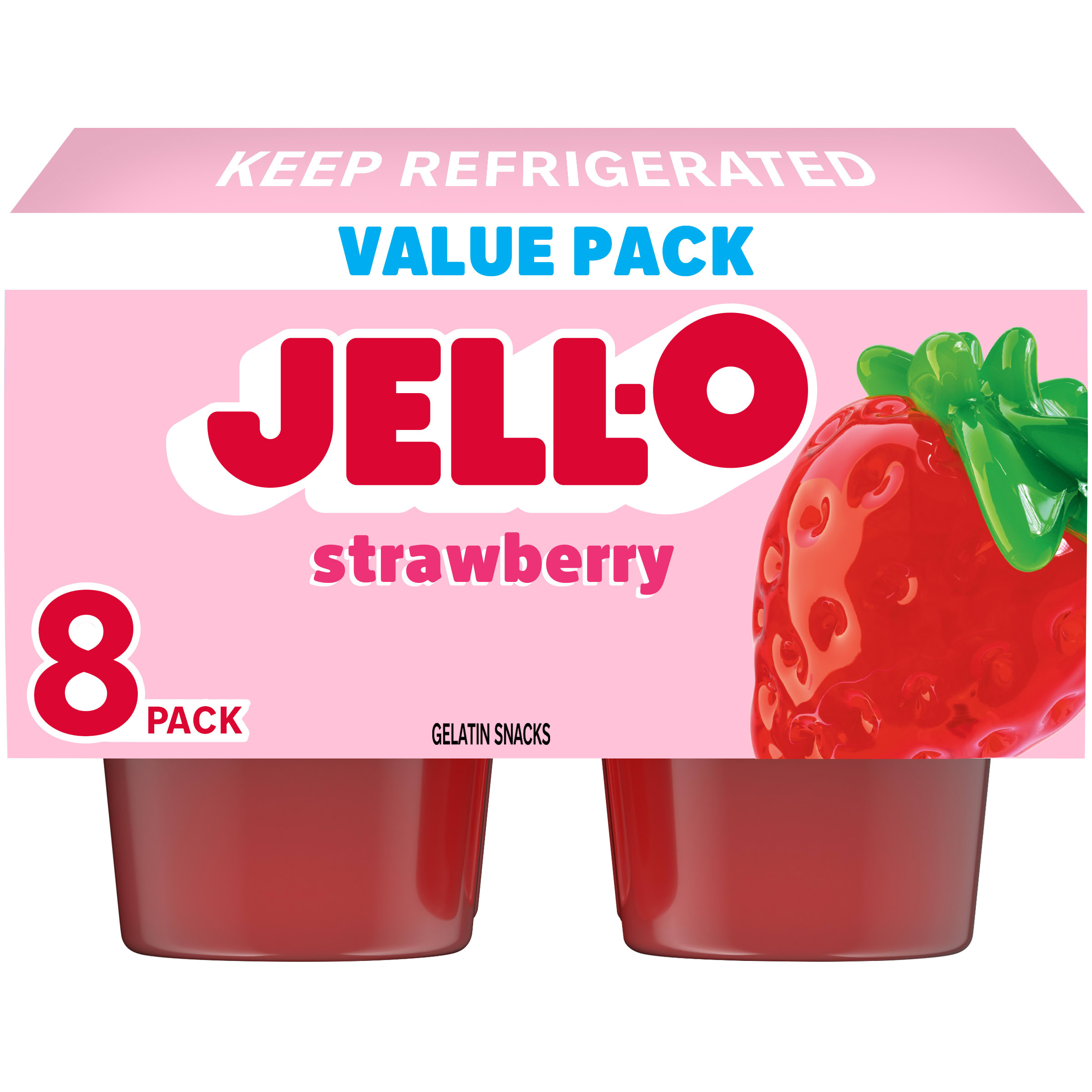JELL-O Original Strawberry Gelatin Snack Cups Value Pack, 8 ct