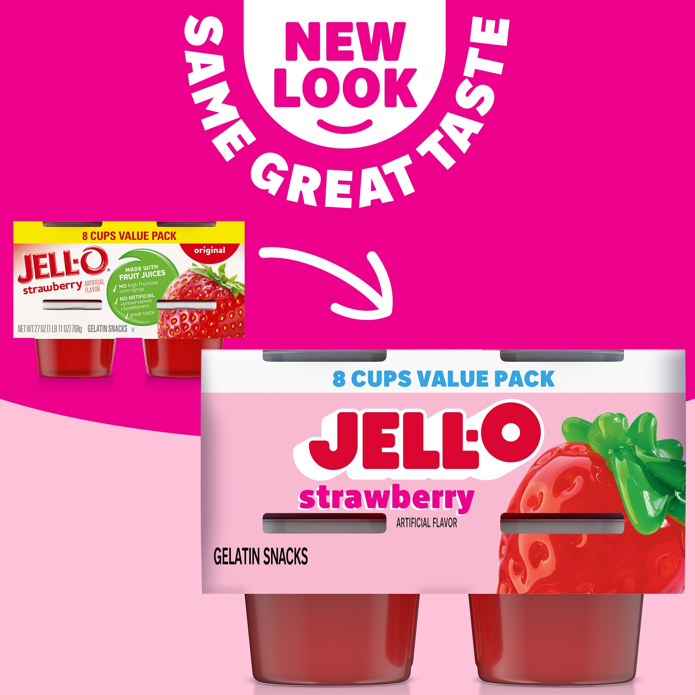 JELL-O Original Strawberry Gelatin Snack Cups Value Pack, 8 ct