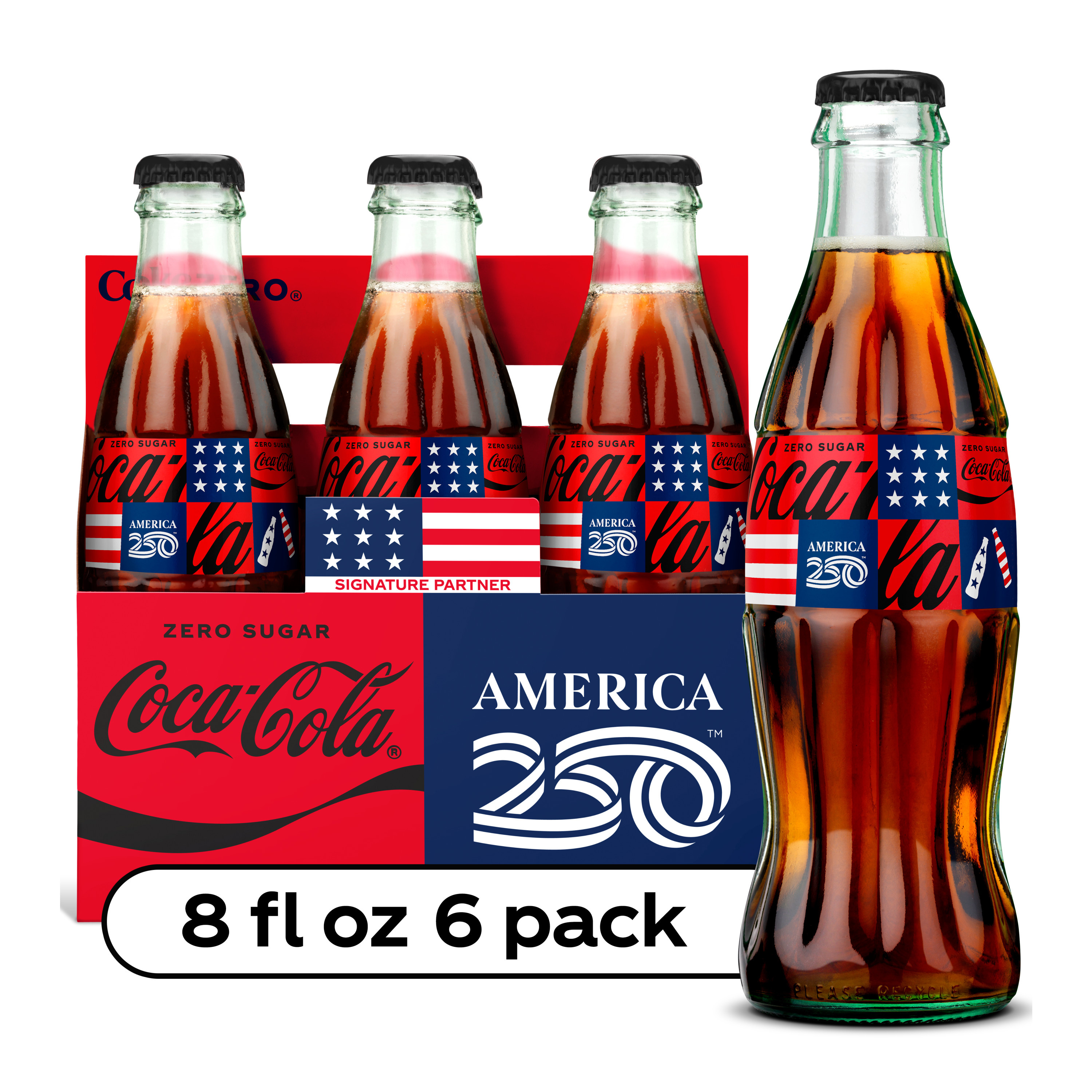 Coca-Cola Zero Sugar Soda Soft Drink Glass Bottles, 8 Fl Oz, 6