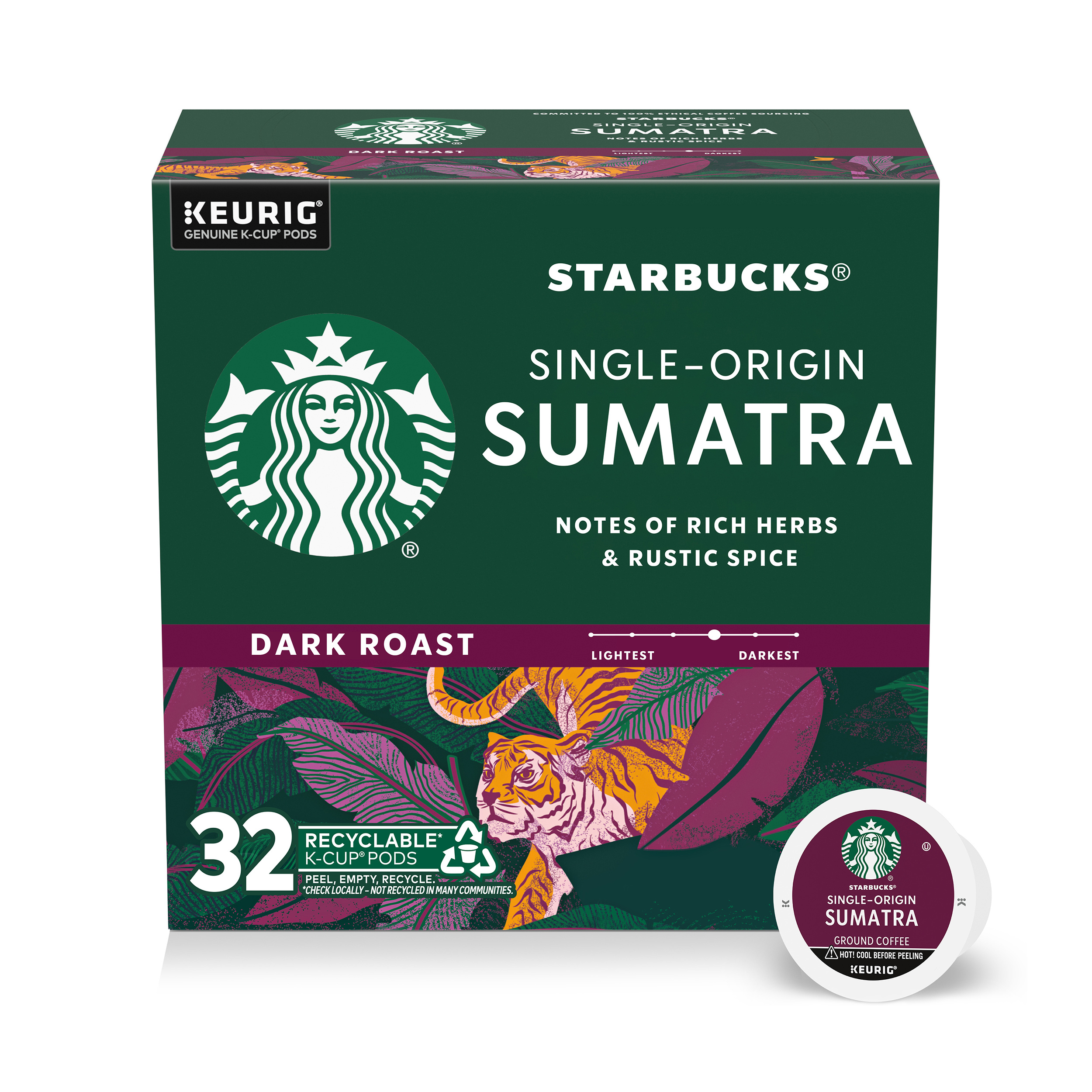 Starbucks K-Cup Coffee Pods, Dark Roast Hot or Iced Coffee, Single