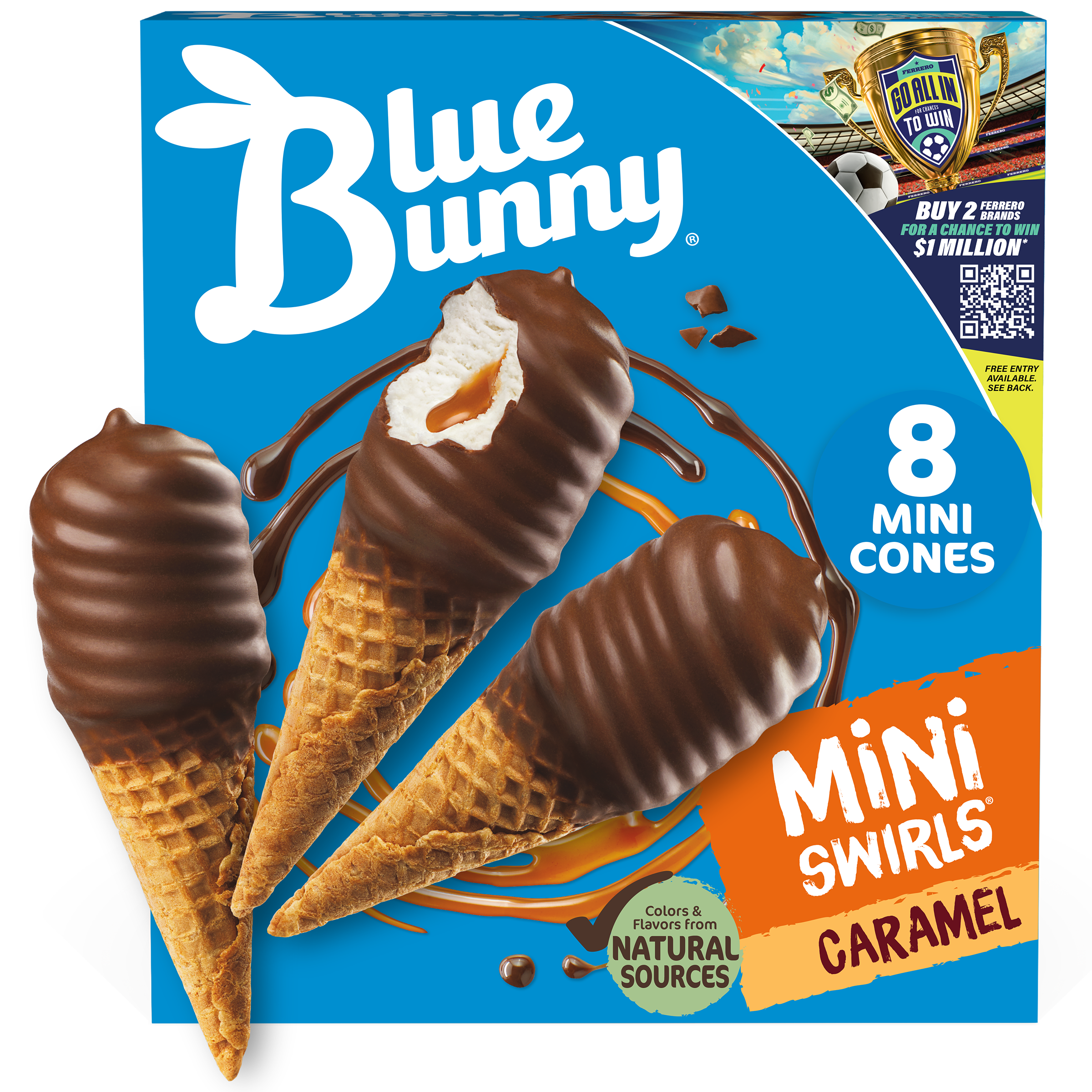 Blue Bunny Mini Swirls Caramel Cones, Frozen Dessert, 8 Pack