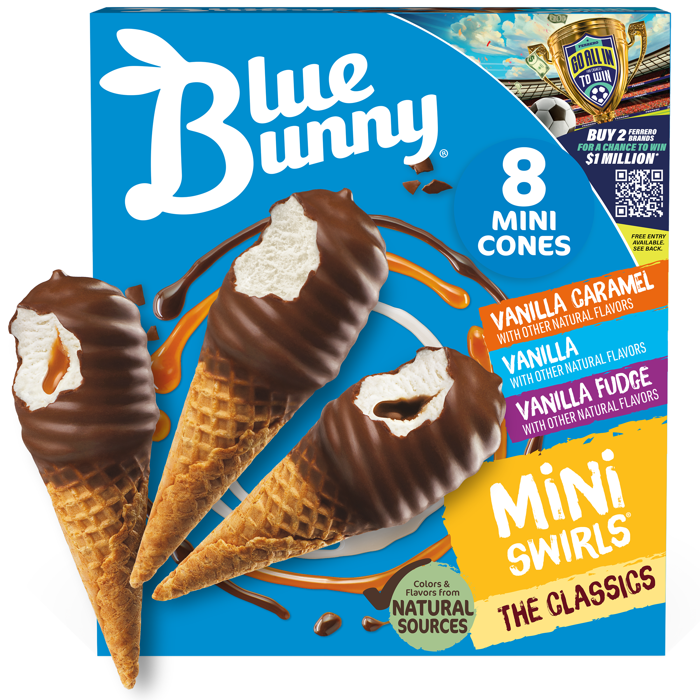 Blue Bunny Mini Swirls Caramel Cones, Frozen Dessert, 8 Pack