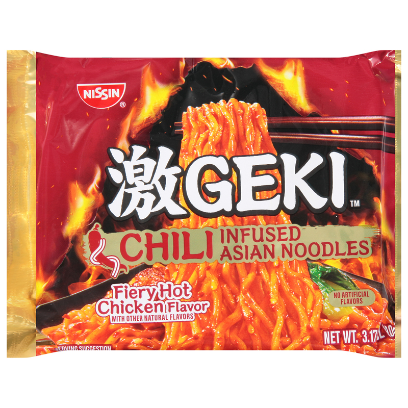 Nissin Noodles, Asian, Chili Infused, Fiery Hot Chicken Flavor