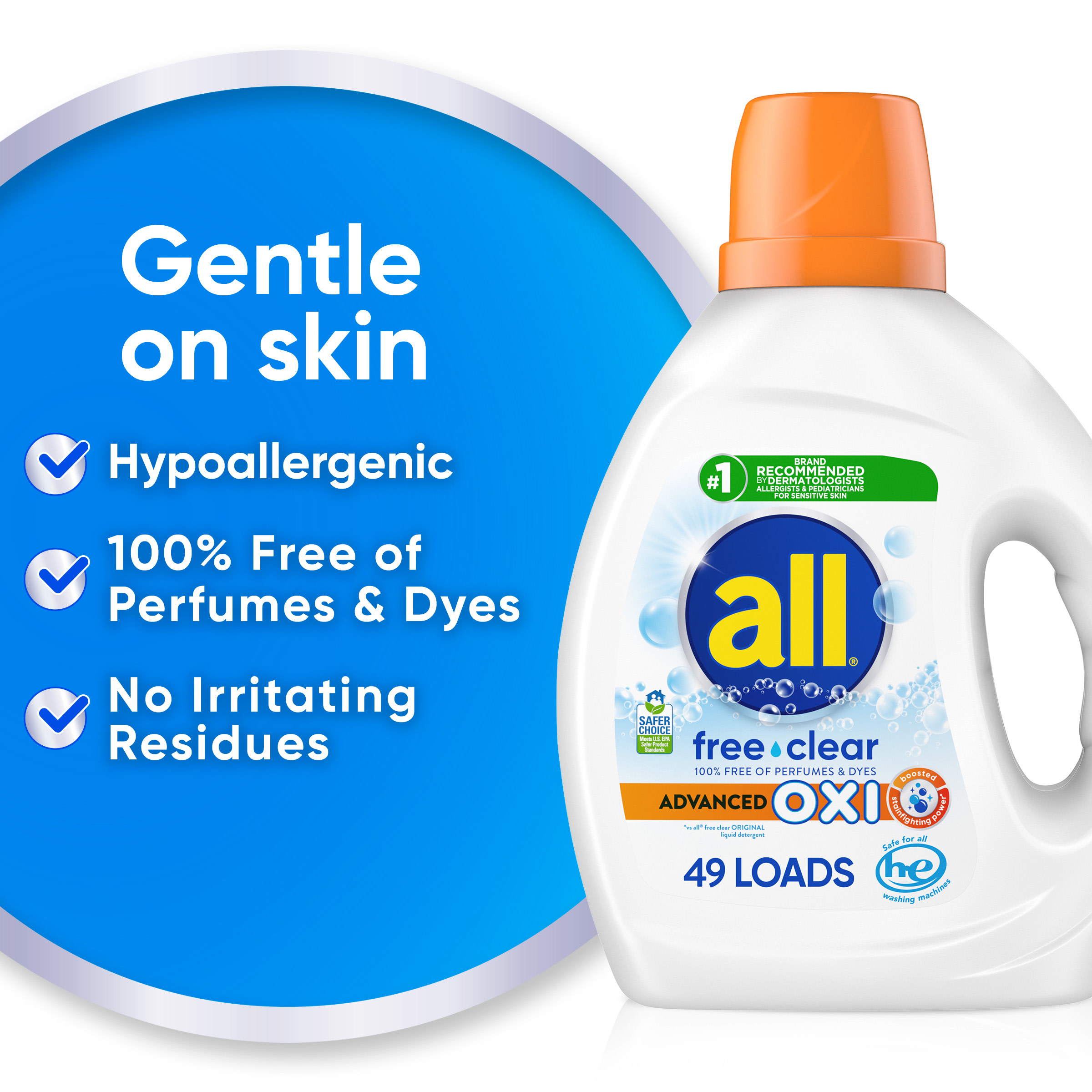 all Liquid Laundry Detergent, Free Clear, OXI, 73 fl oz, 49 Loads