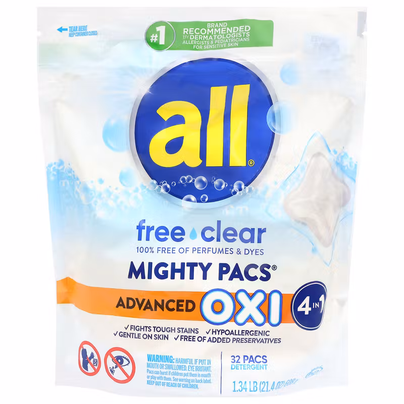 all Unit Dose Laundry Detergent, Mighty Pacs, Free Clear, OXI, 32