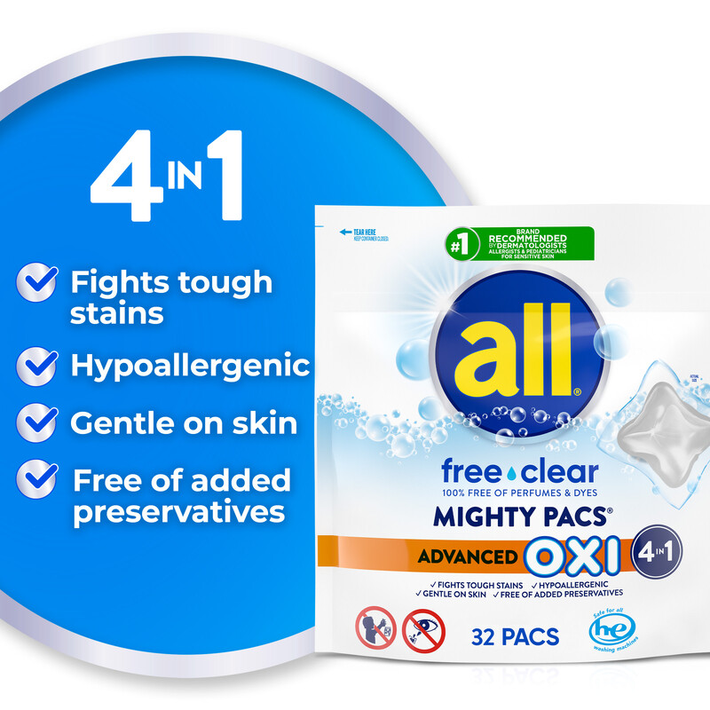 all Unit Dose Laundry Detergent, Mighty Pacs, Free Clear, OXI, 32