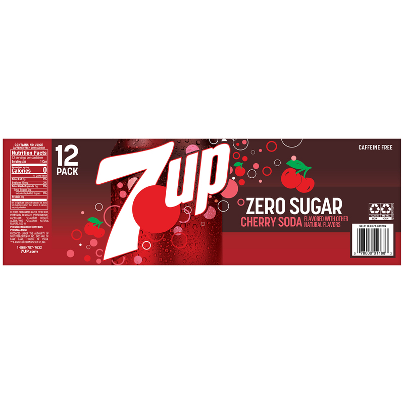 7UP Cherry Flavored Zero Sugar Soda, 12 fl oz cans, 12 pack