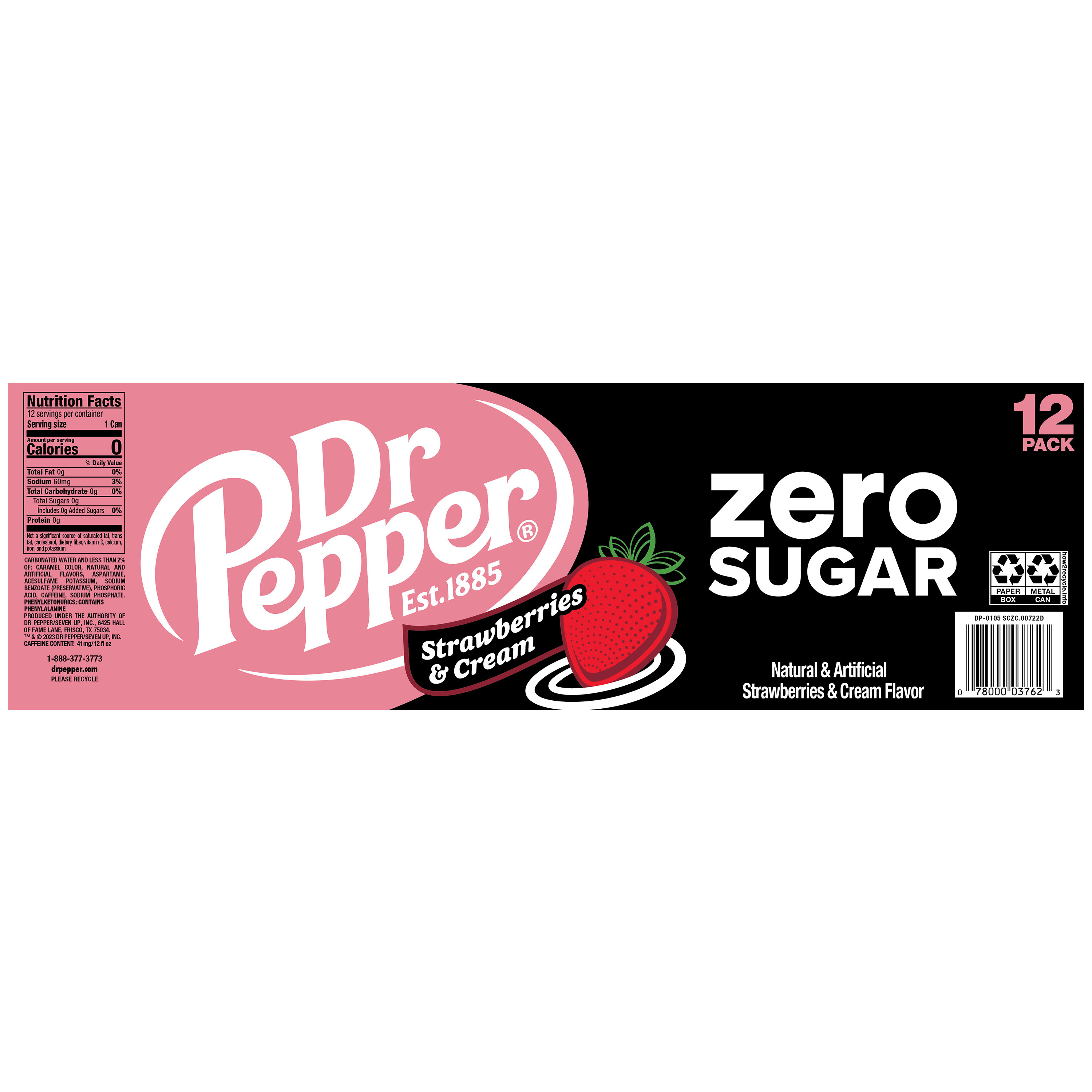 Dr Pepper Strawberries and Cream Zero Sugar Soda, 12 fl oz cans