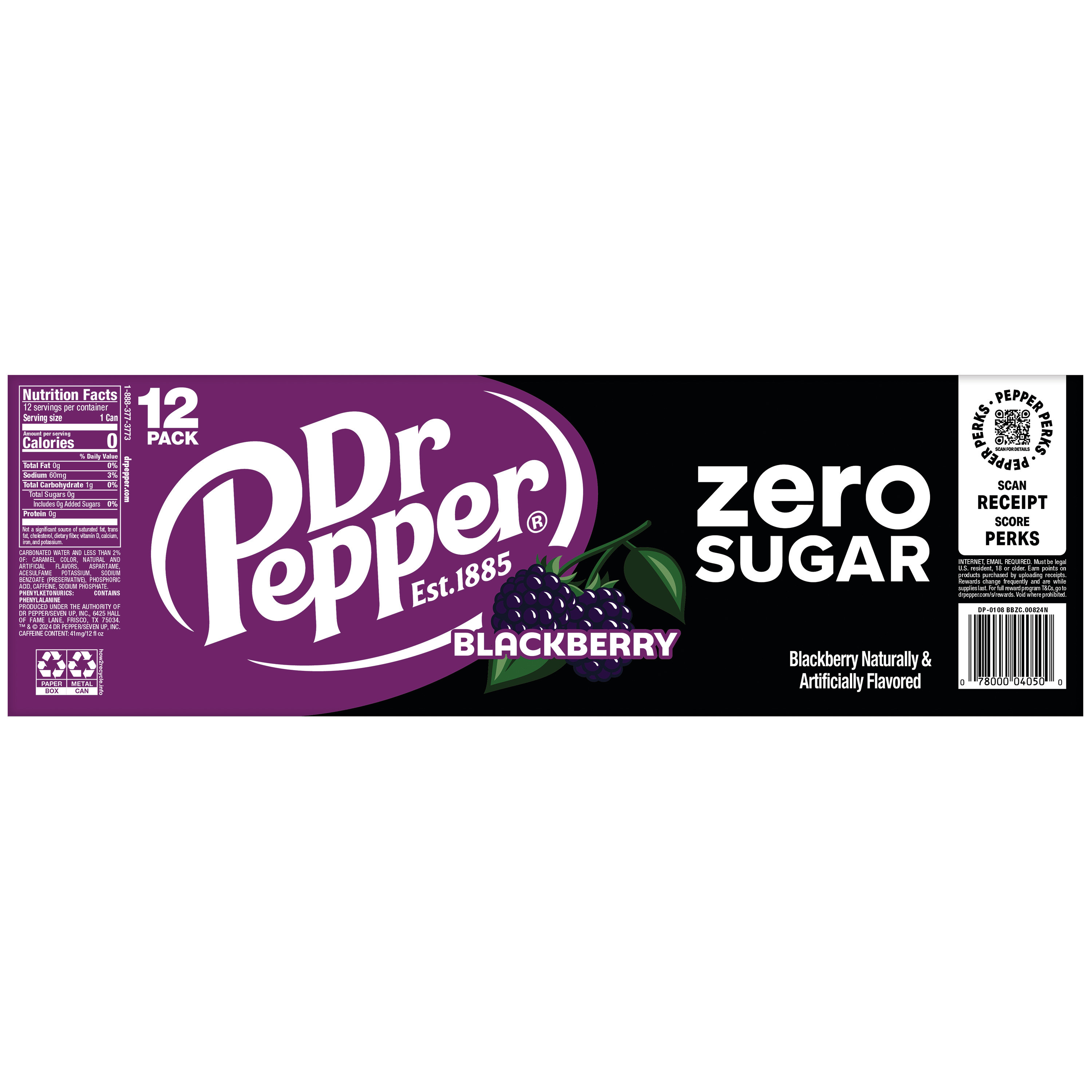 Dr Pepper Blackberry Zero Sugar Soda, 12 fl oz cans, 12 pack