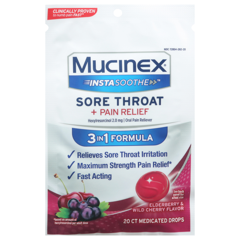 Mucinex Sore Throat + Pain Relief, 3 in 1 Formula, Medicated Drops