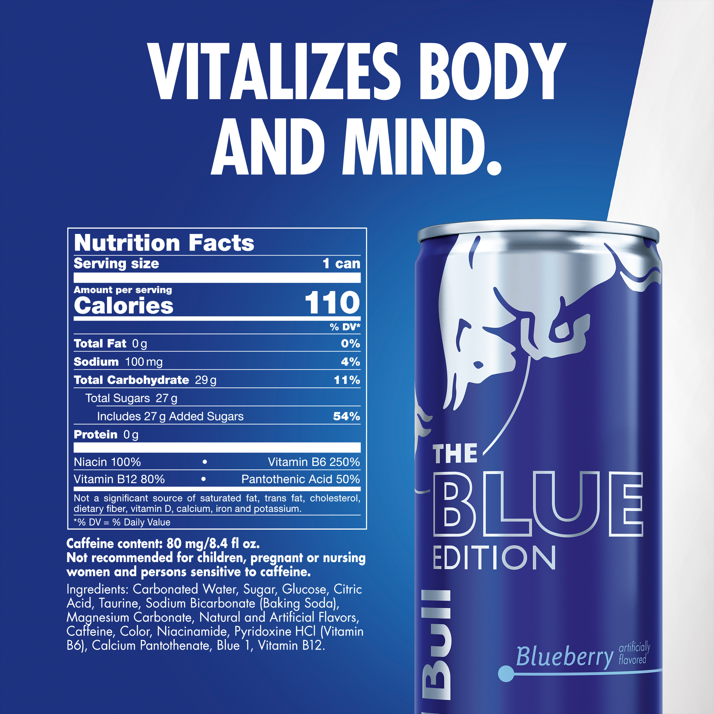 Red Bull Blue Edition Energy Drink, Blueberry, 80mg Caffeine, 8.4