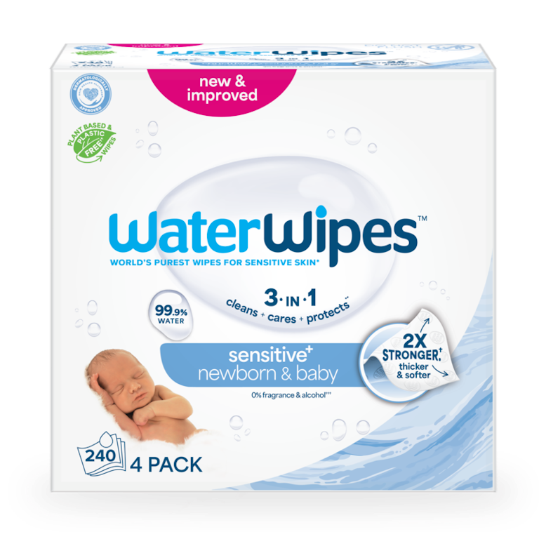 WaterWipes Sensitive+ Newborn Baby Wipes, 3-In-1 Cleans, Cares, Protects, Water, Unscented Hypoallergenic, 240 Count (4 Packs)