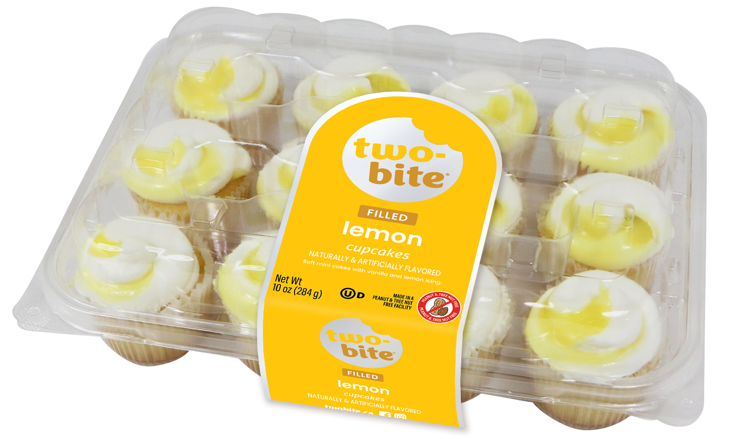 Two Bite Lemon Filled Cupcakes, with Vanilla & Lemon Icing, 12