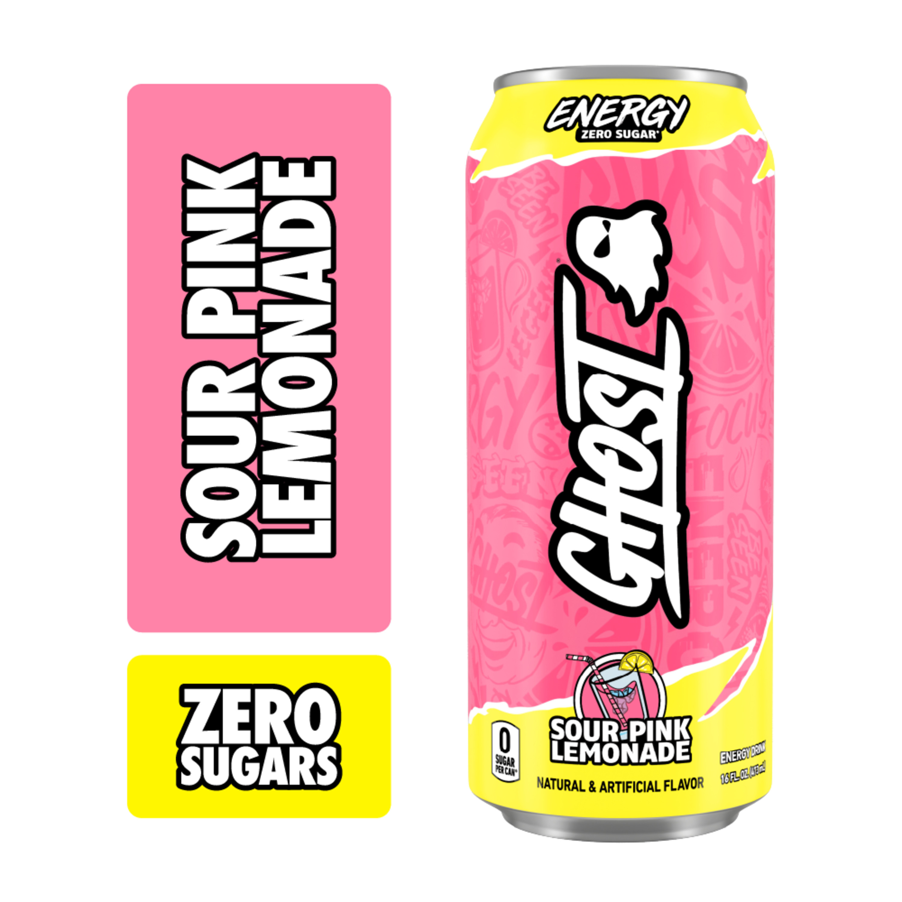 Ghost Zero Sugar Energy Drink, Sour Pink Lemonade, 16 fl oz can