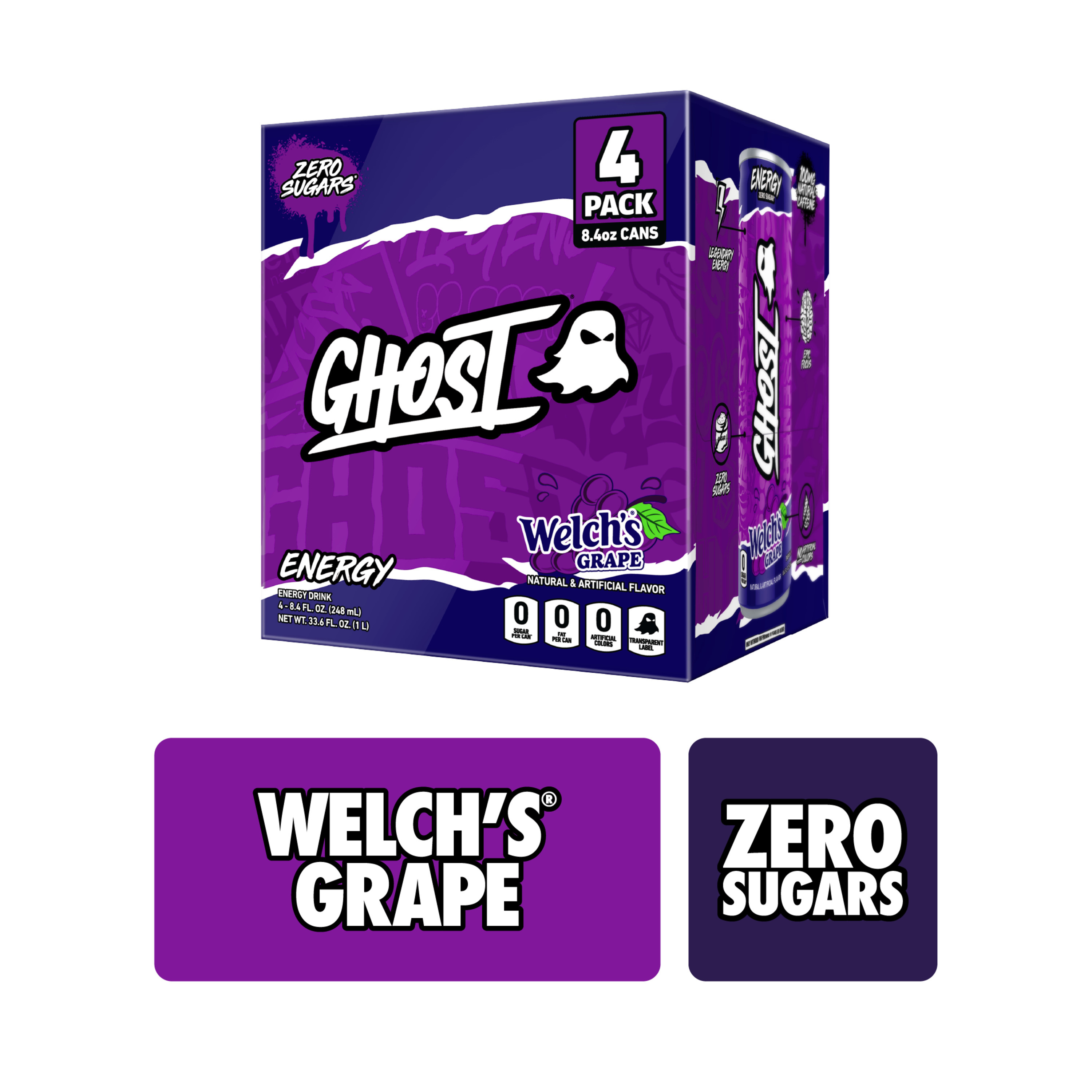 Ghost Zero Sugar Energy Drink, Welch's Grape, 8.4 fl oz cans, 4