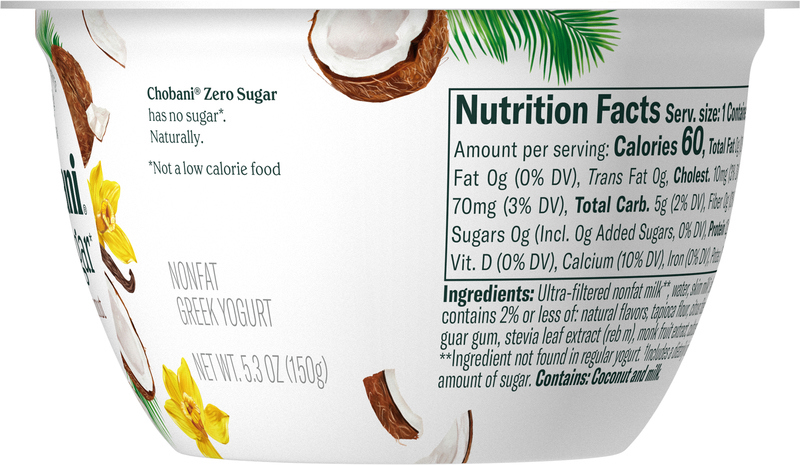 Chobani Yogurt, Greek, Nonfat, Zero Sugar, Toasted Coconut Vanilla