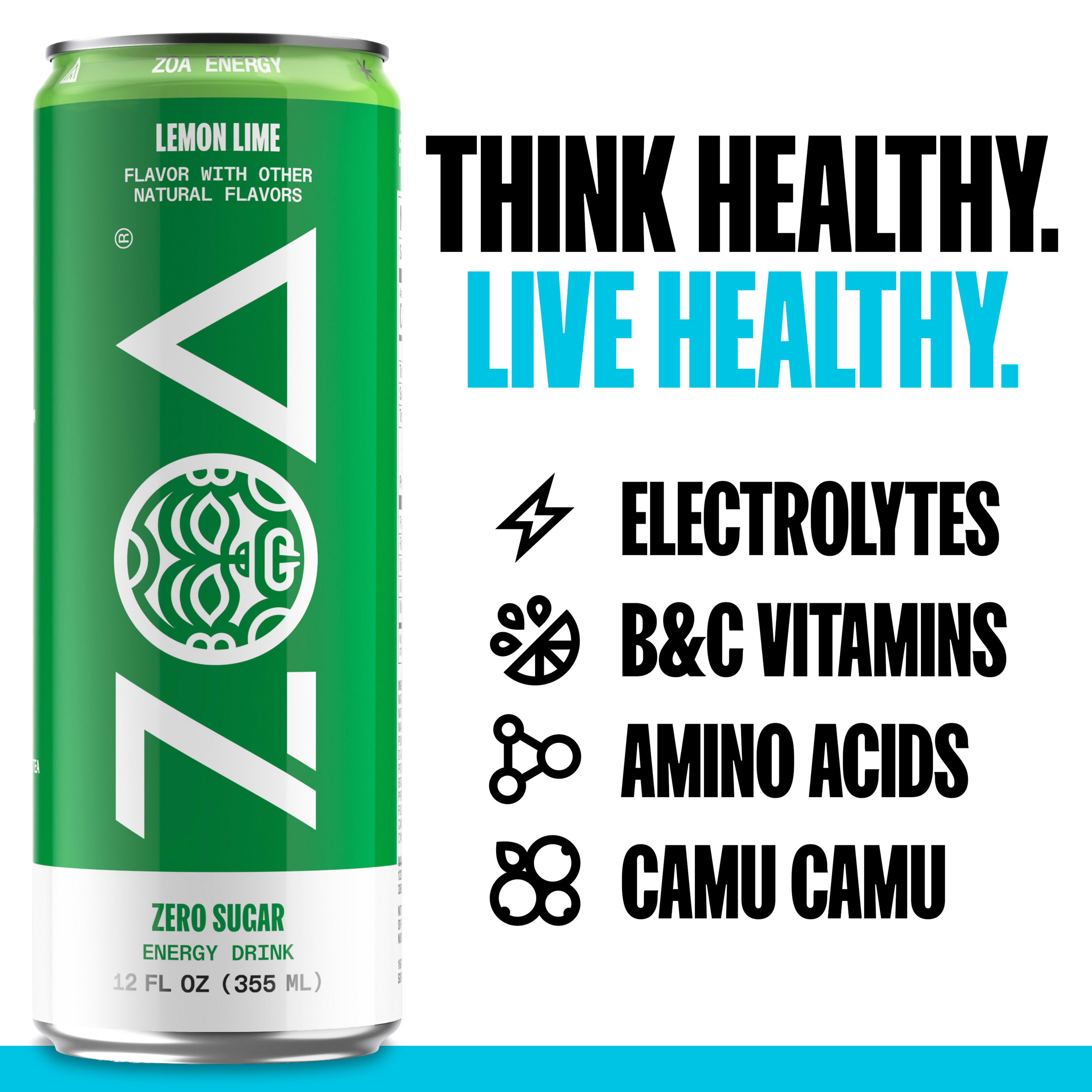 ZOA Energy Sugar Free Energy Drinks, Lemon Lime , 12 fl oz Cans