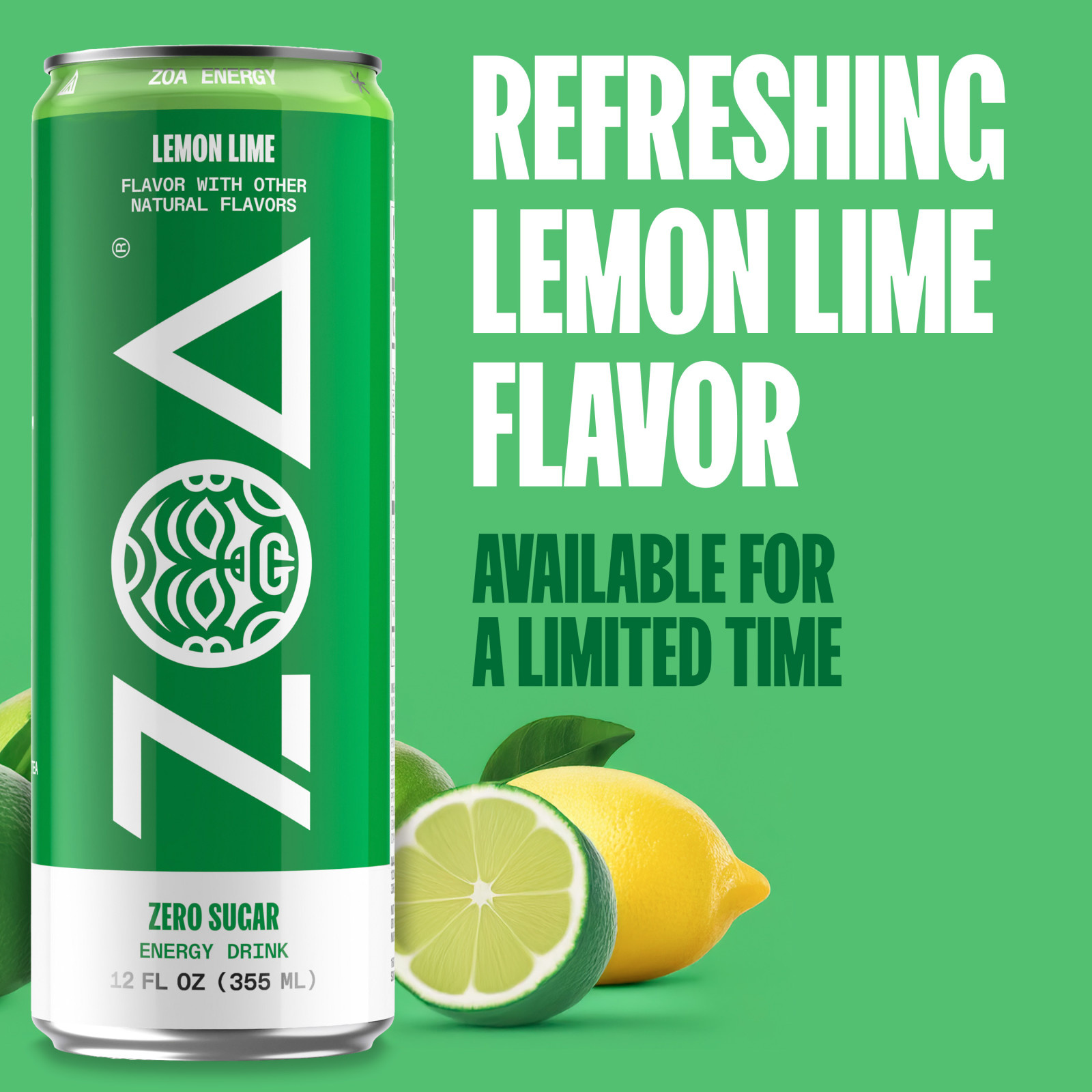 ZOA Energy Sugar Free Energy Drinks, Lemon Lime , 12 fl oz Cans
