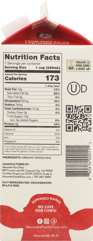 Alexandre Eco Dairy Milk, 4% Whole, Organic, A2/A2 | Giant Eagle