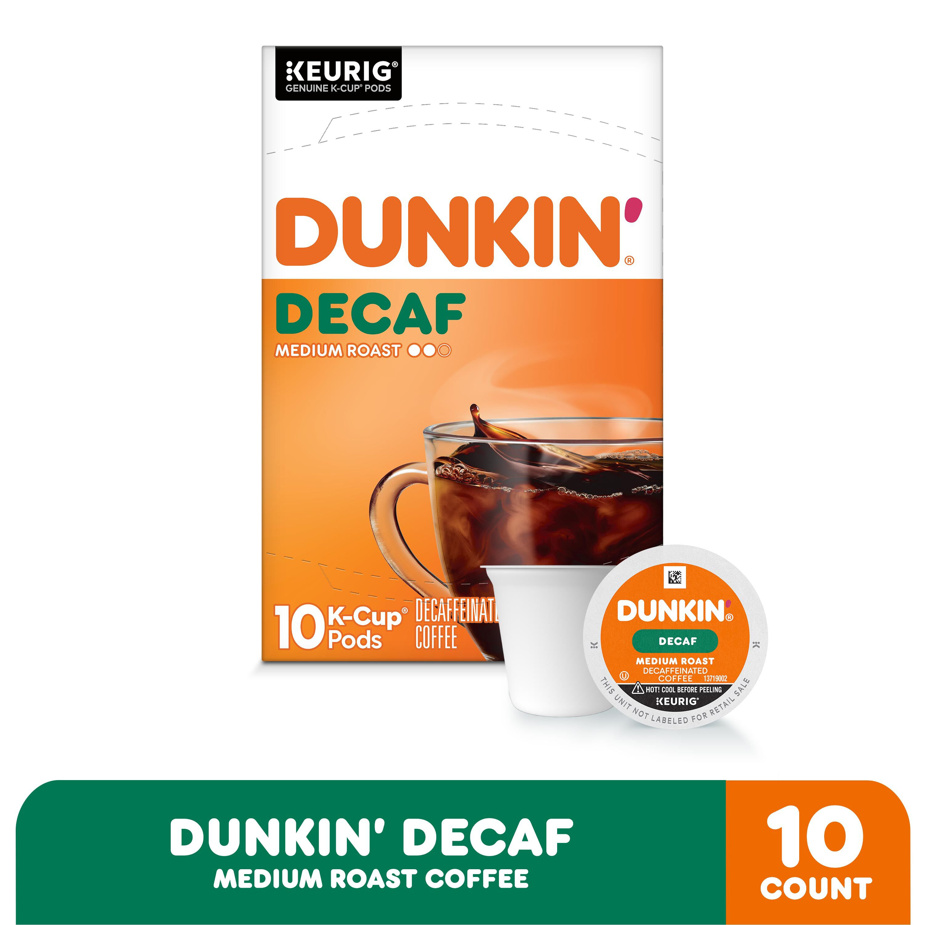 Dunkin' Decaf Medium Roast Coffee, Keurig K-Cup Pods, 10 Count Box