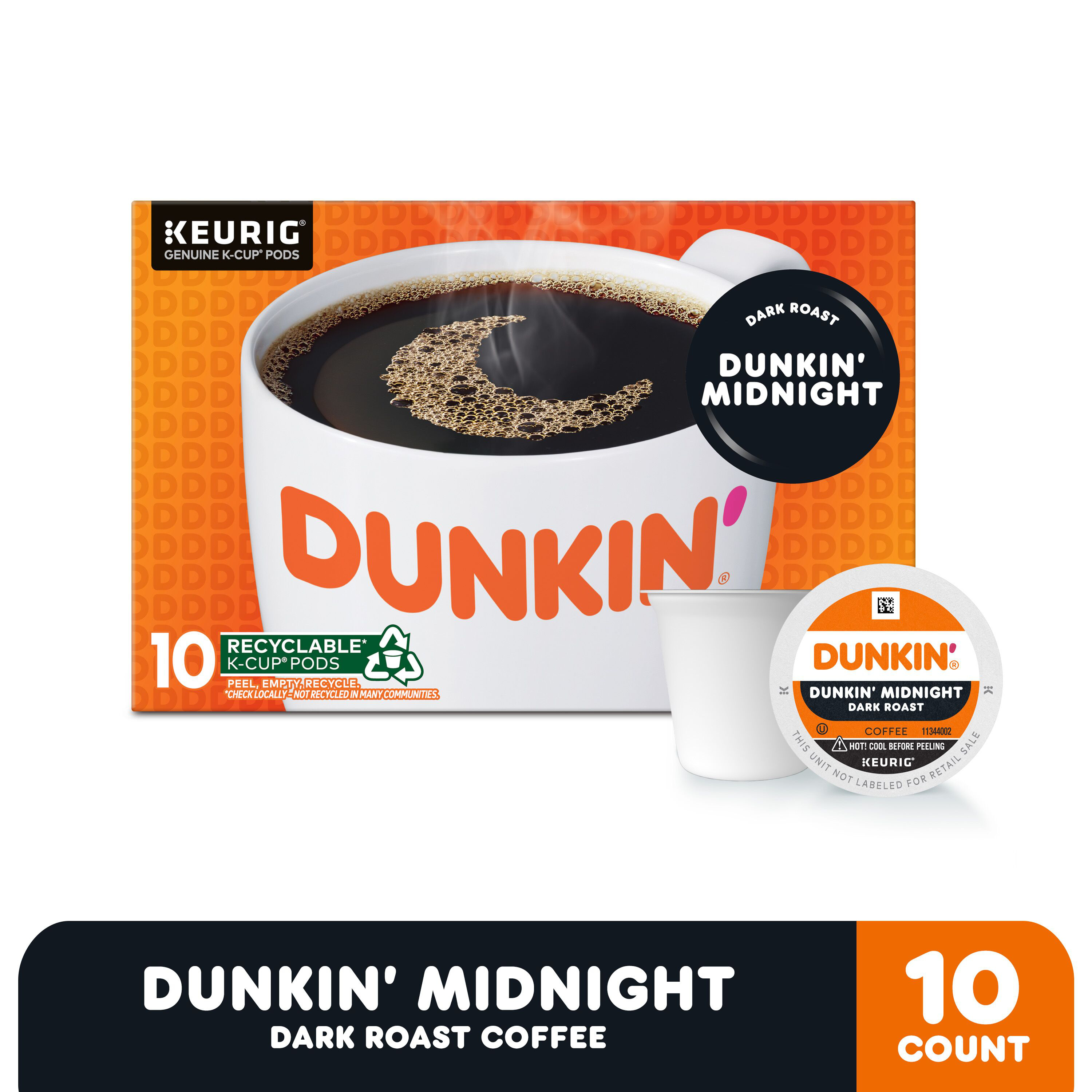Dunkin' Midnight Dark Roast Coffee, Keurig K-Cup Pods, 10 Count
