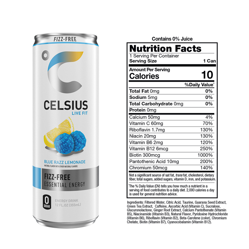 CELSIUS Fizz Free Blue Razz Lemonade, Functional Energy Drink