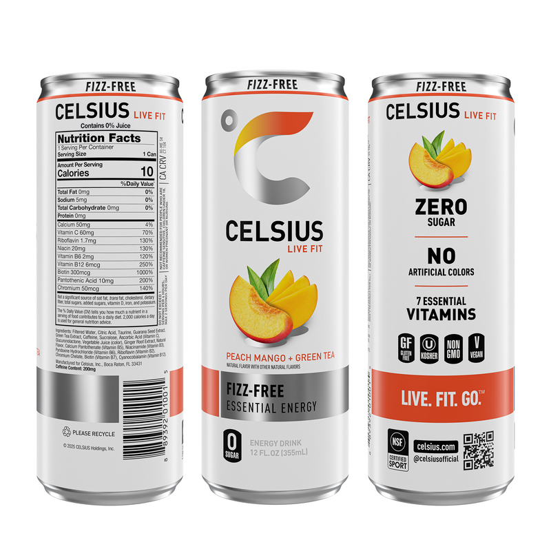 CELSIUS Fizz Free Peach Mango Green Tea, Functional Energy Drink