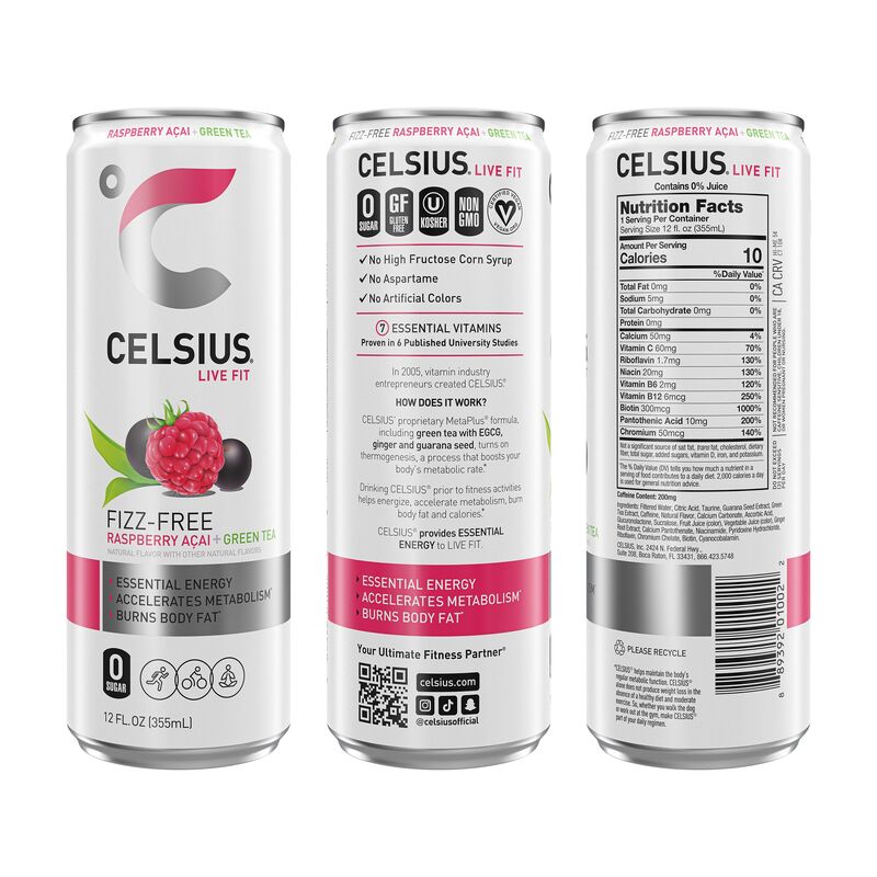 CELSIUS Fizz Free Raspberry Acai Green Tea, Functional Energy