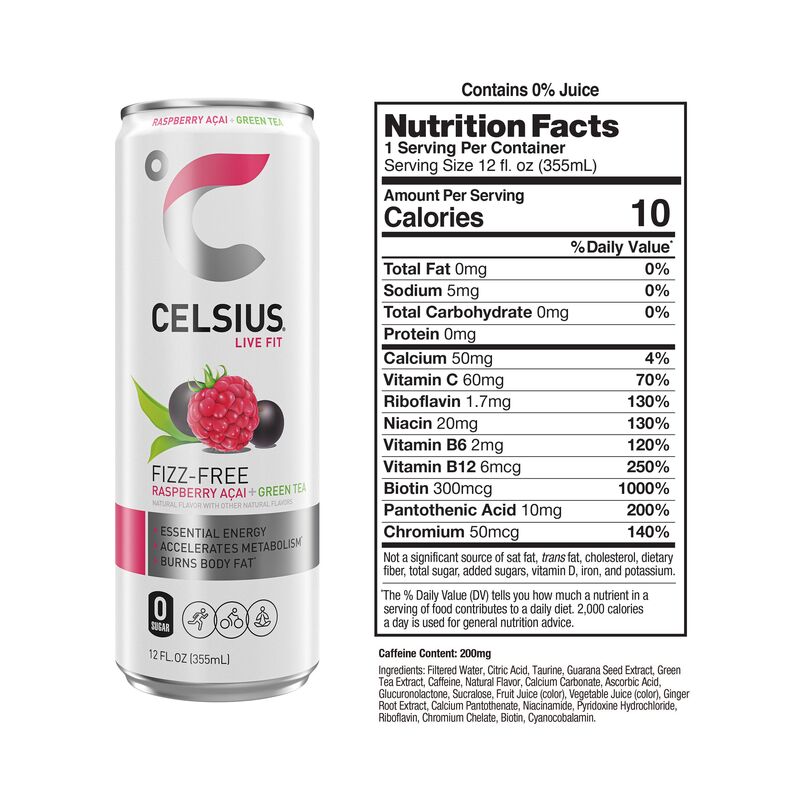 CELSIUS Fizz Free Raspberry Acai Green Tea, Functional Energy